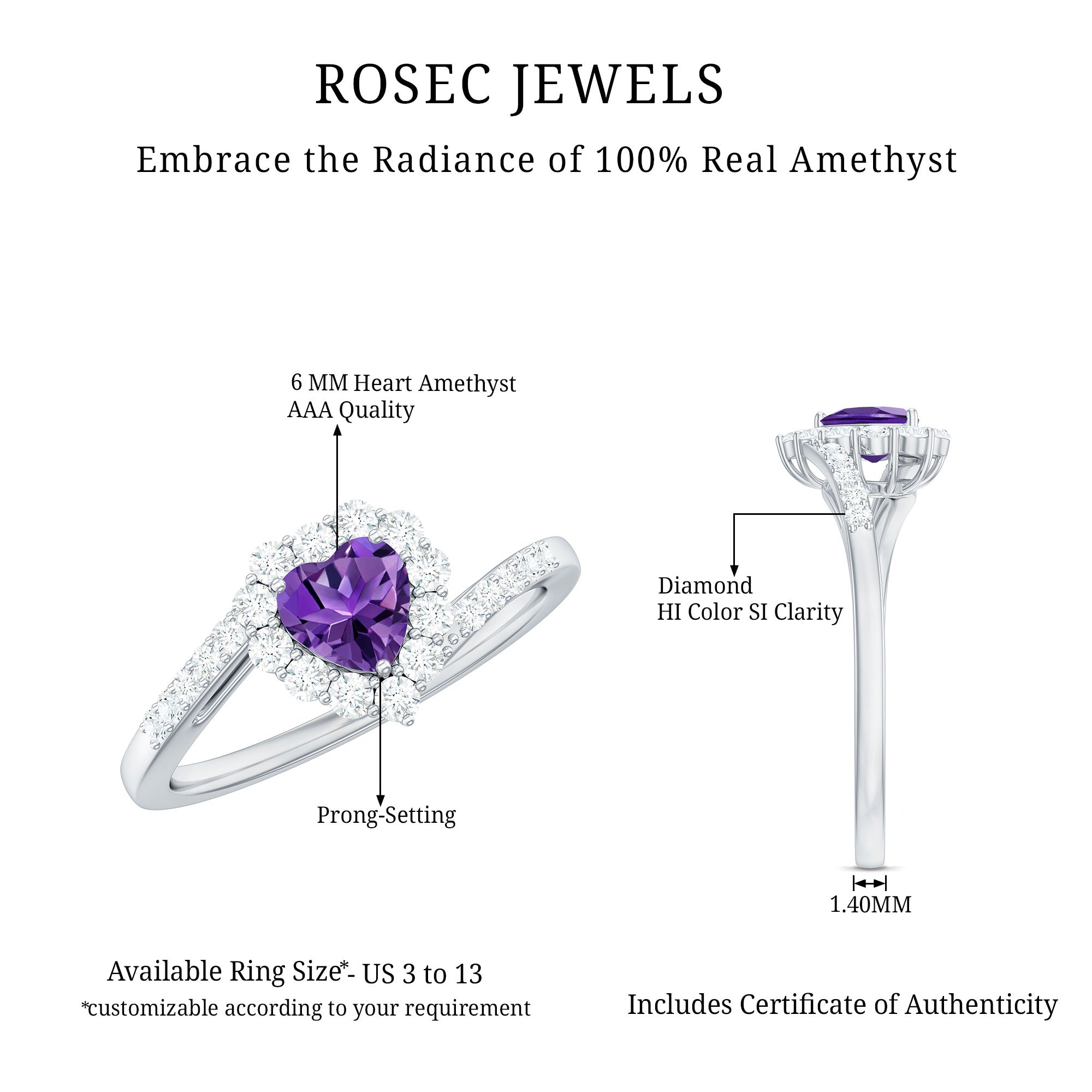 Real 0.9 Carat Amethyst Heart Engagement Ring with Diamond Halo AAA - Rosec Jewels