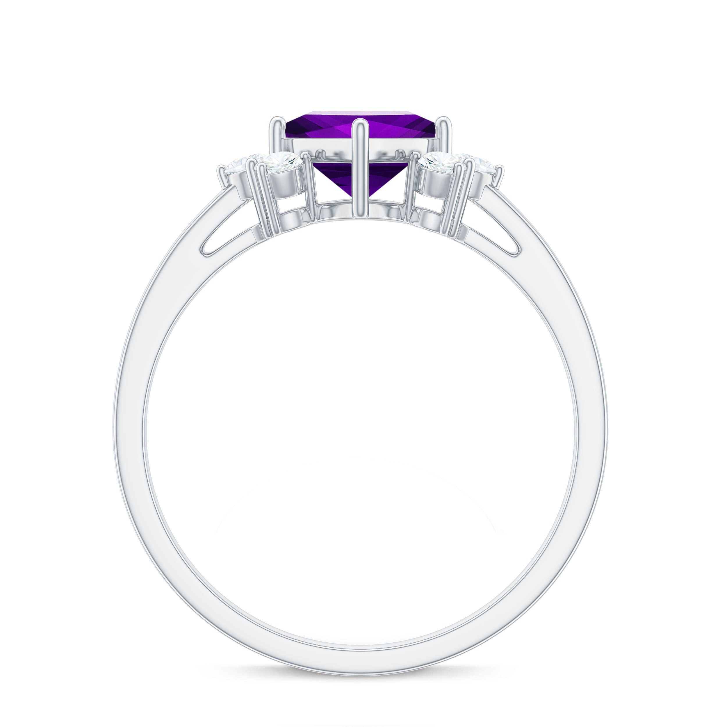 Princess Cut Amethyst Promise Ring with Diamond Trio AAA - Rosec Jewels