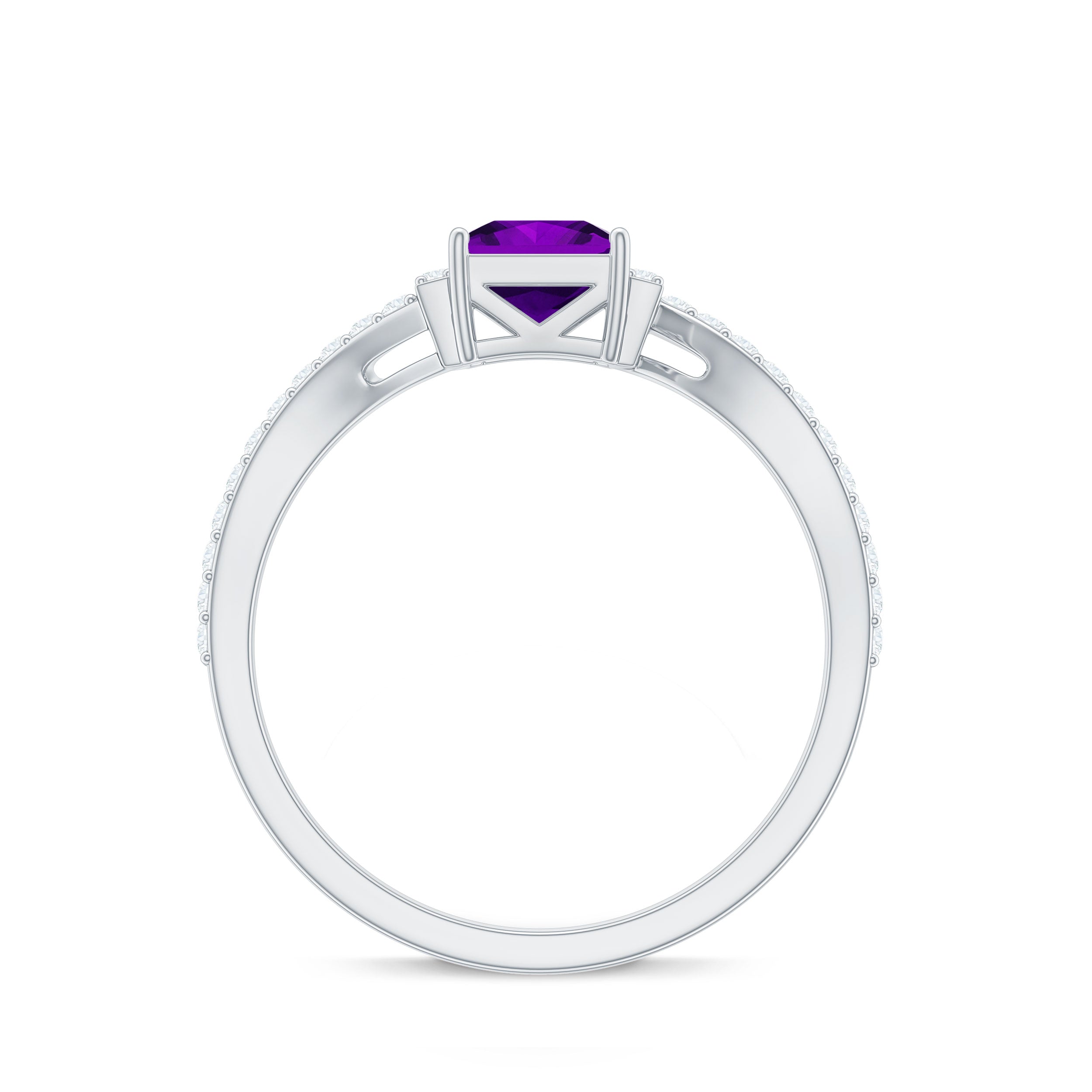 Real 1.2 Carat Amethyst Princess Cut Engagement Ring with Diamond Bypass Shank AAA - Rosec Jewels