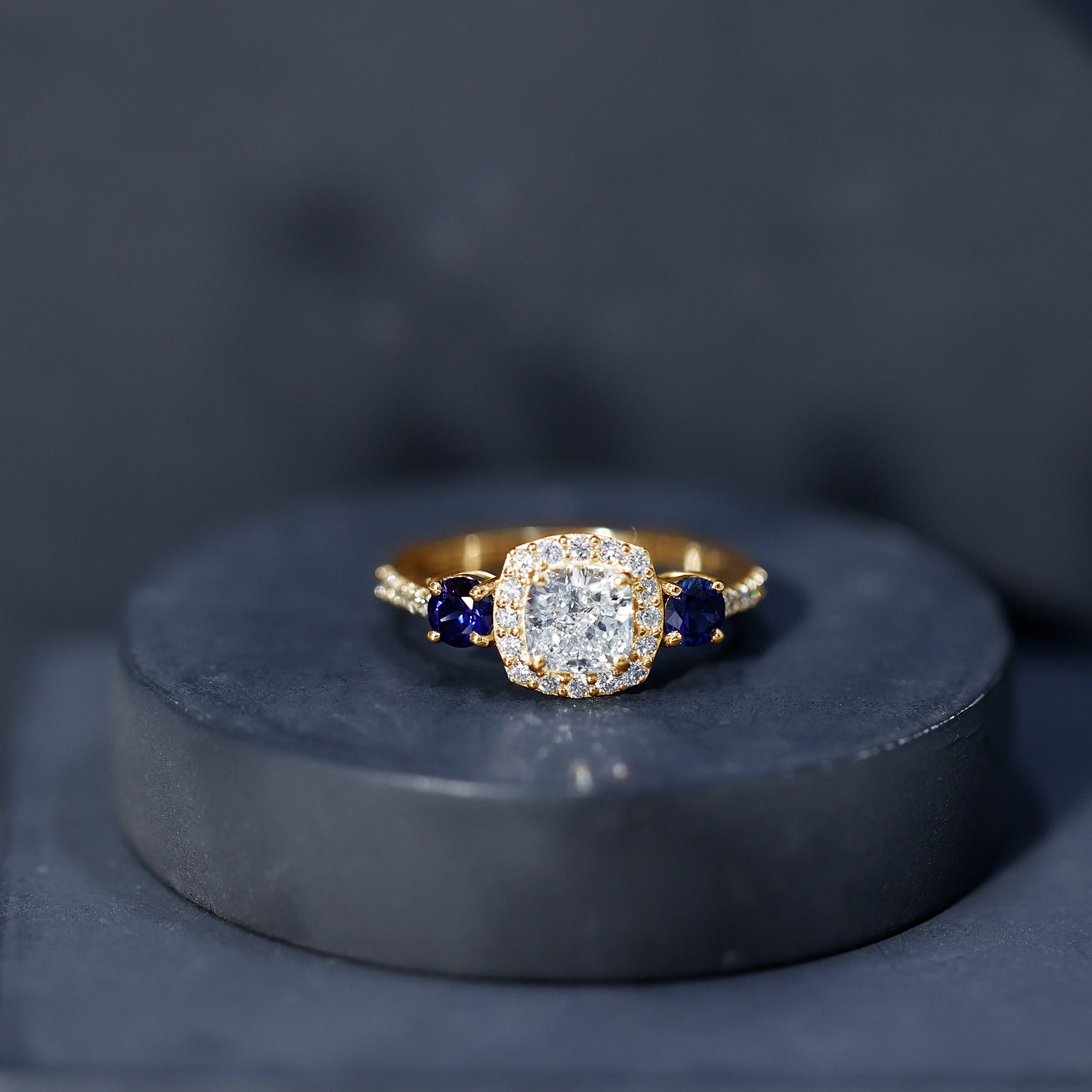 Certified 1.7 Carat Cushion Cut Lab Grown Diamond Engagement Ring with Blue Sapphire Lab - ( EF-VS ) - Rosec Jewels