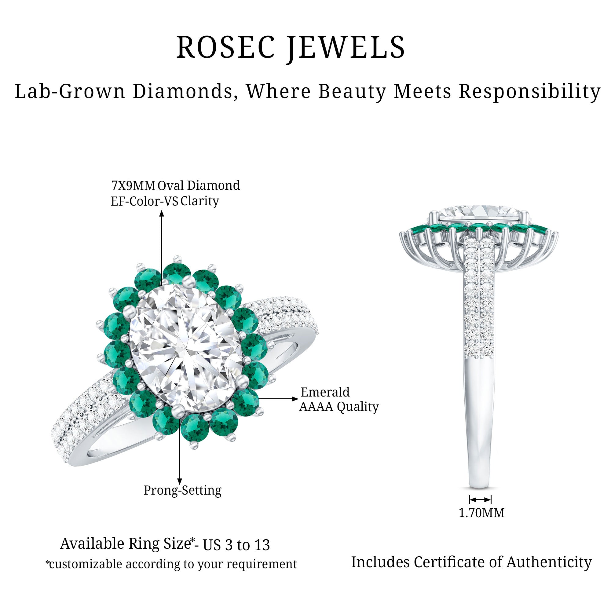 Certified 2 Carat Lab Grown Diamond Engagement Ring with Emerald Halo Lab - ( EF-VS ) - Rosec Jewels