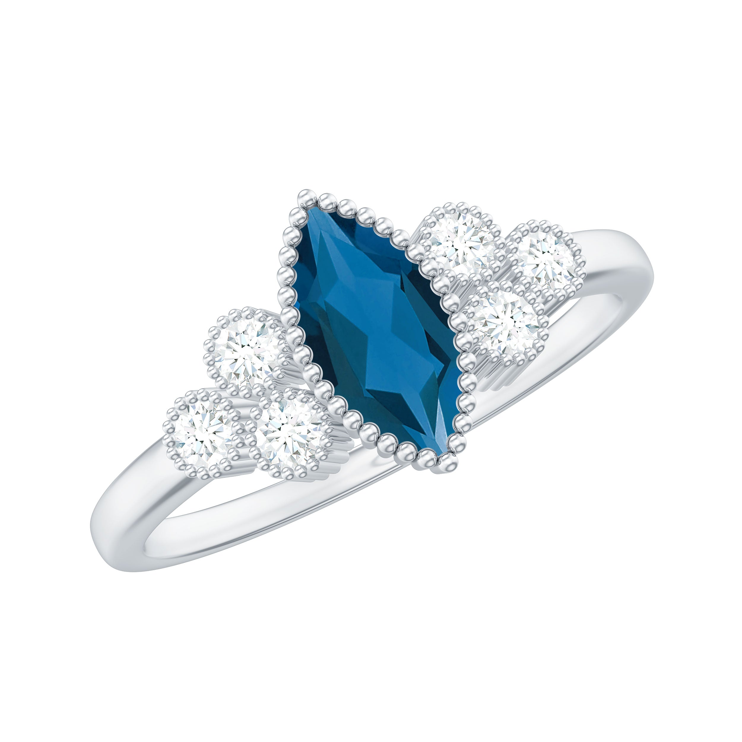 London Blue Topaz Marquise Engagement Ring with Diamond Trio