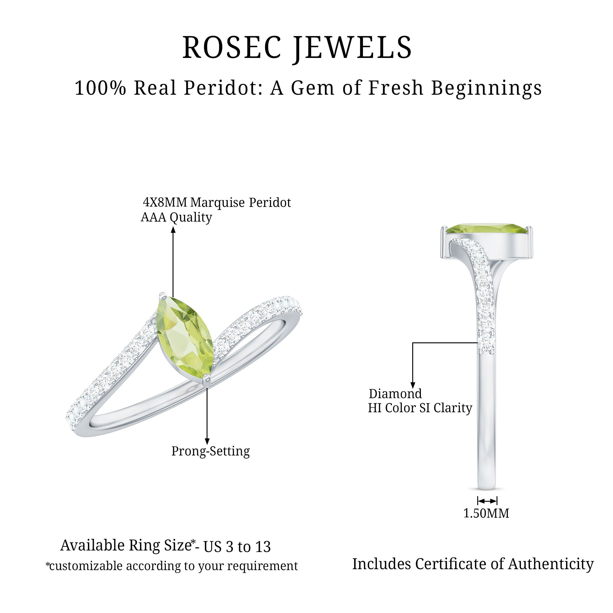 Rosec Jewels-Real 0.7 Carat Peridot Marquise Promise Ring with Diamond Bypass Shank