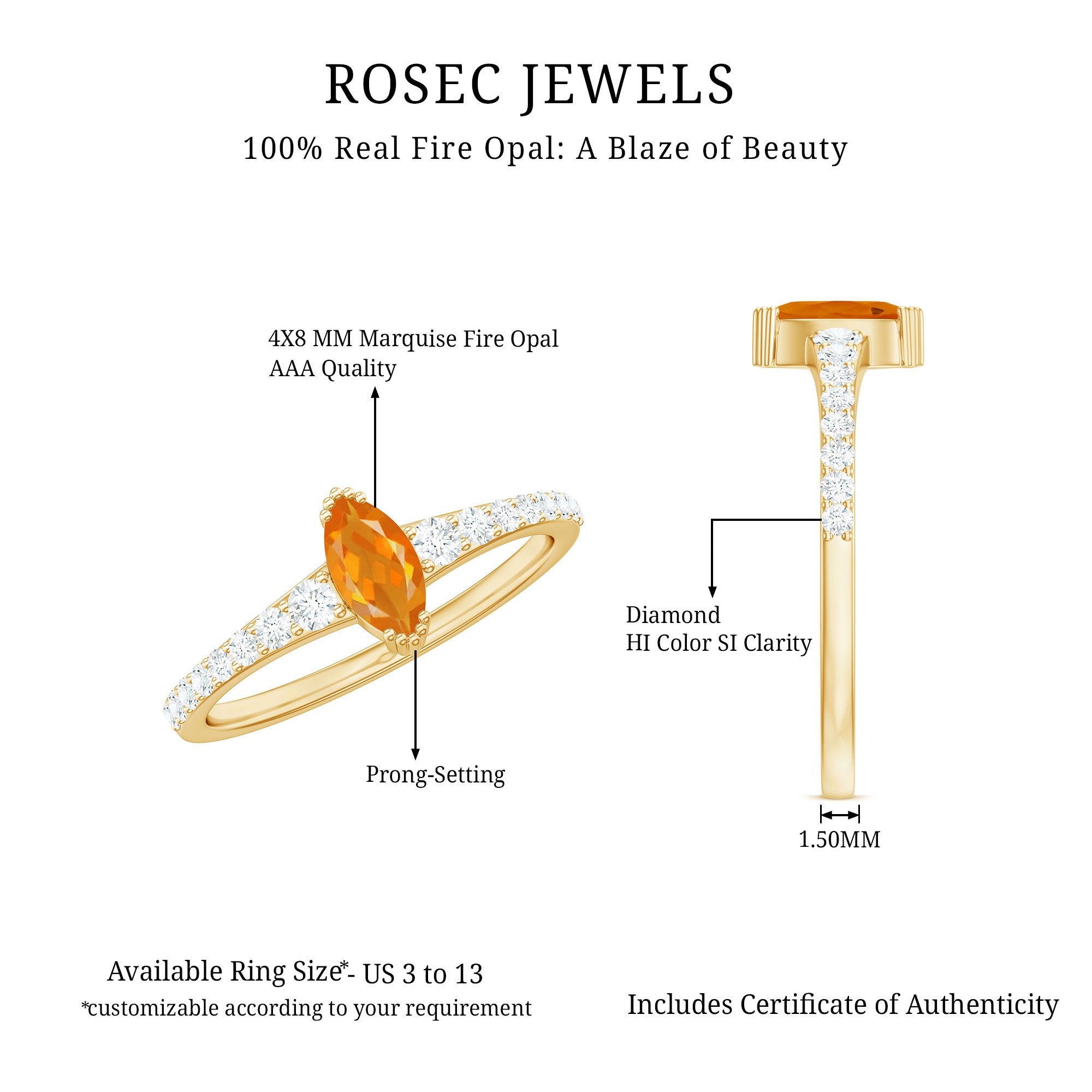 3/4 Carat Marquise Fire Opal Engagement Ring with Diamond AAA - Rosec Jewels