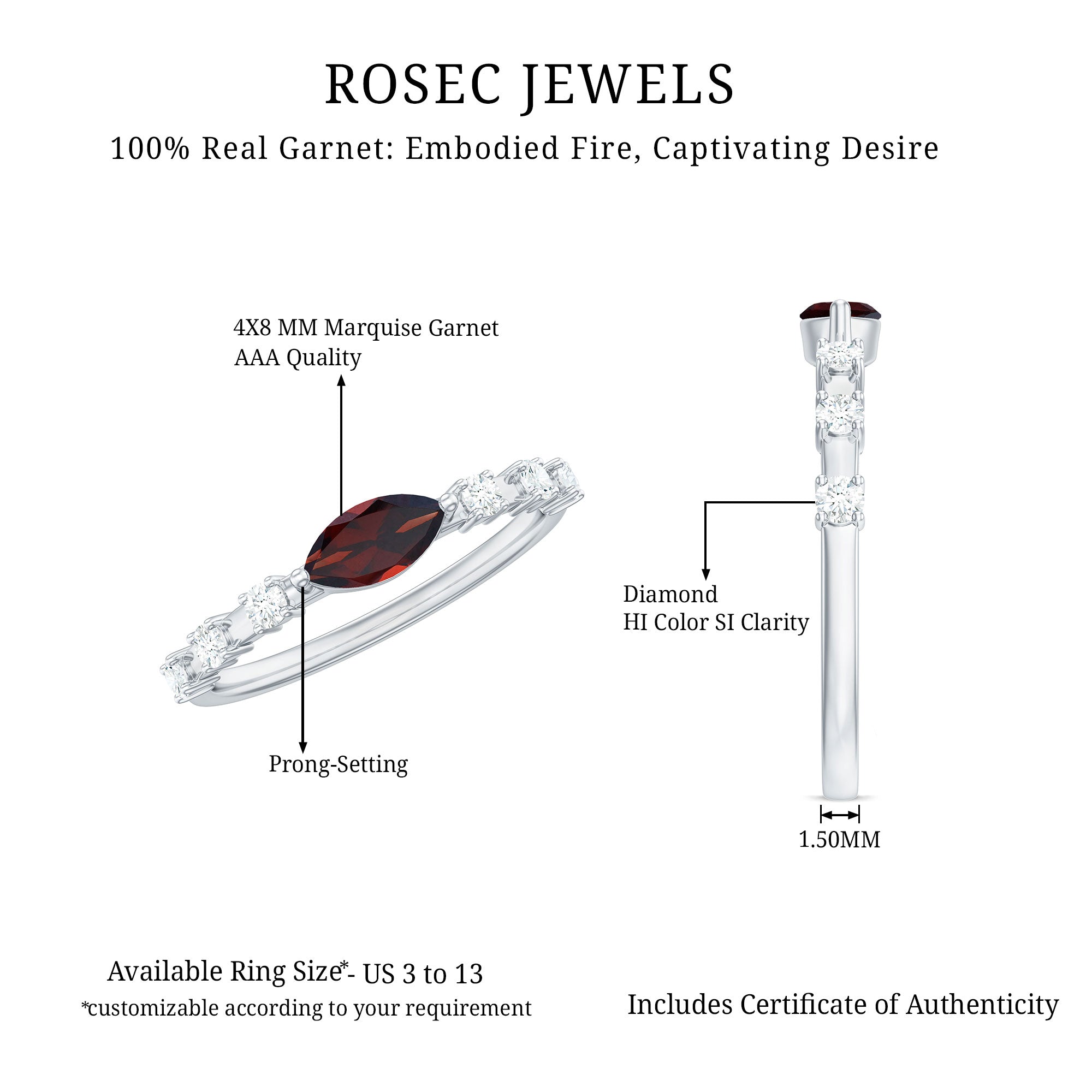 Natural Marquise Garnet Diamond Promise Ring in East West Style AAA - Rosec Jewels