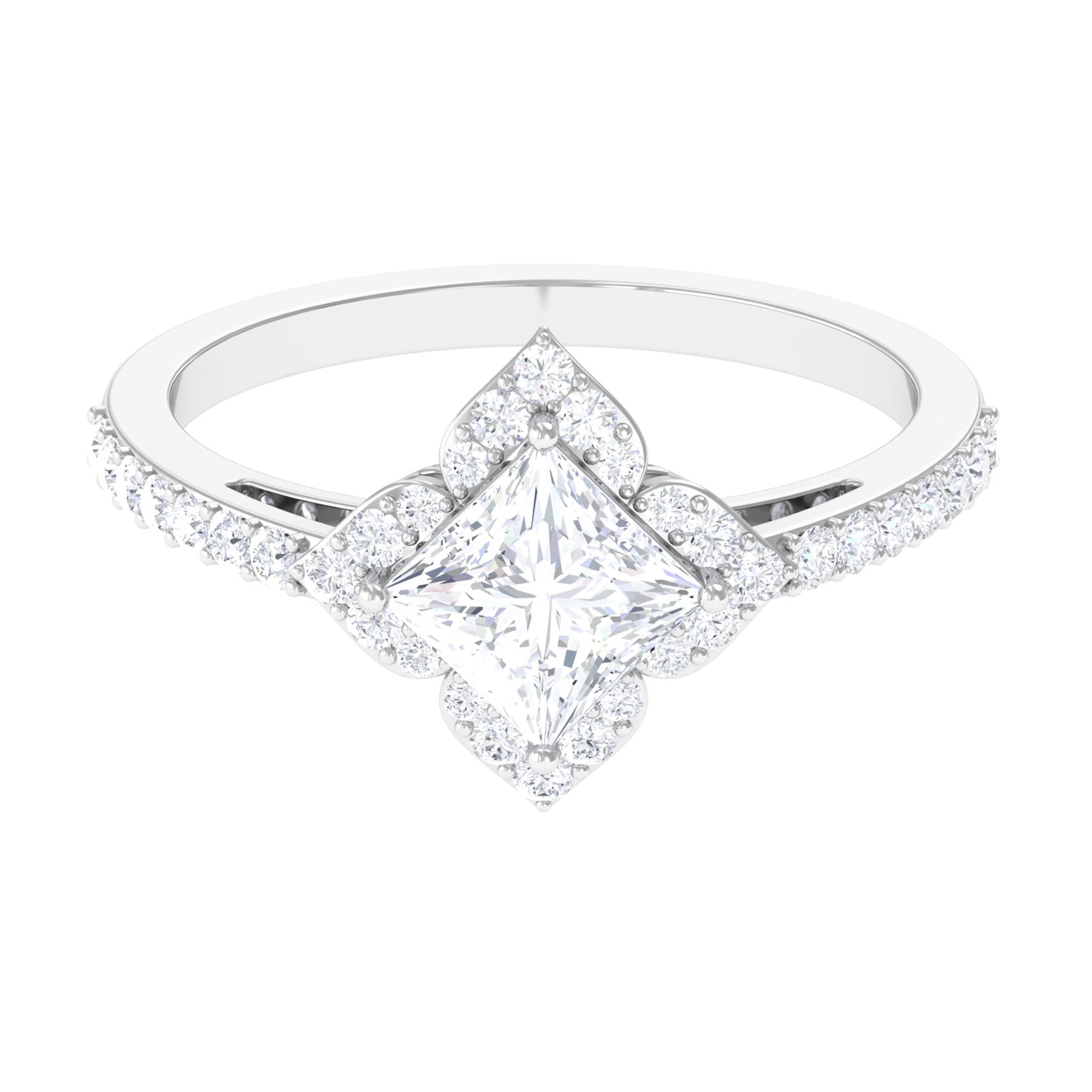 1.75 CT Princess Cut Zircon Engagement Ring Floral Halo AAAA - Rosec Jewels