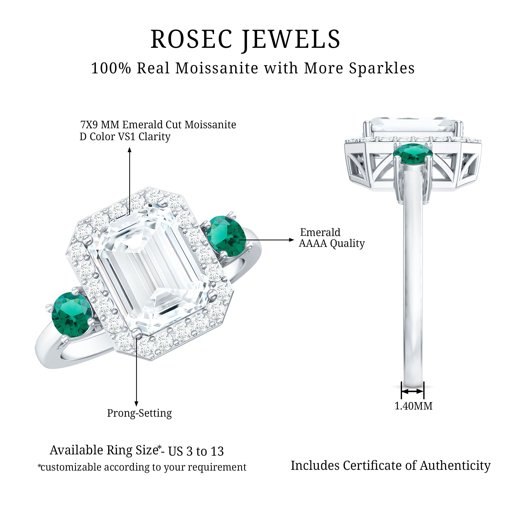 Certified 7X9 mm Moissanite Emerald Cut Engagement Ring with Emerald AAAA - Rosec Jewels