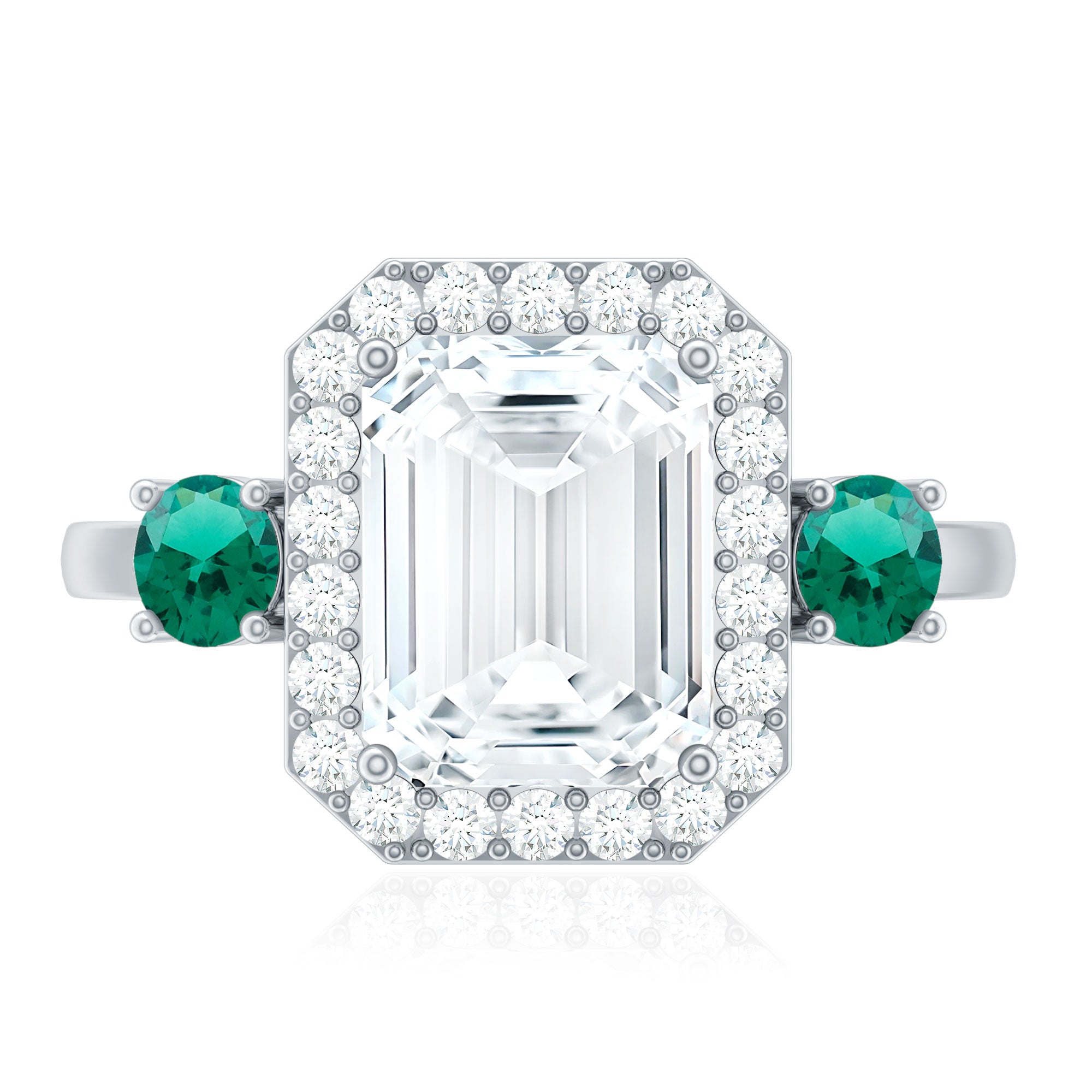 Certified 7X9 mm Moissanite Emerald Cut Engagement Ring with Emerald AAAA - Rosec Jewels