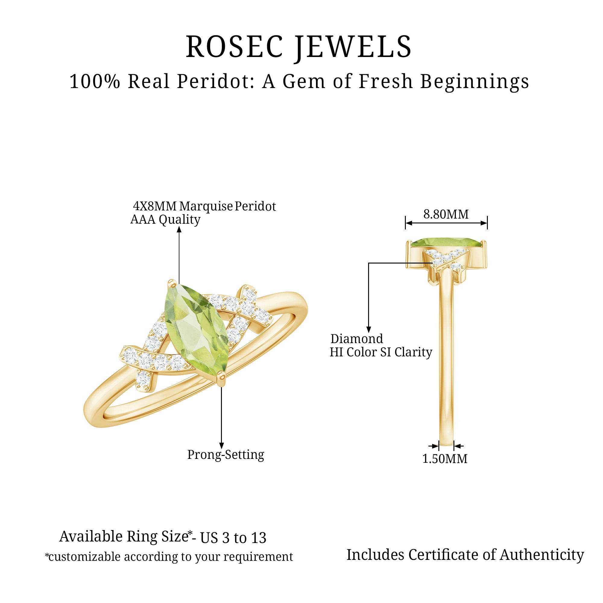 1 CT Peridot Engagement Ring with Diamond Stones Peridot - ( AAA ) - Quality - Rosec Jewels