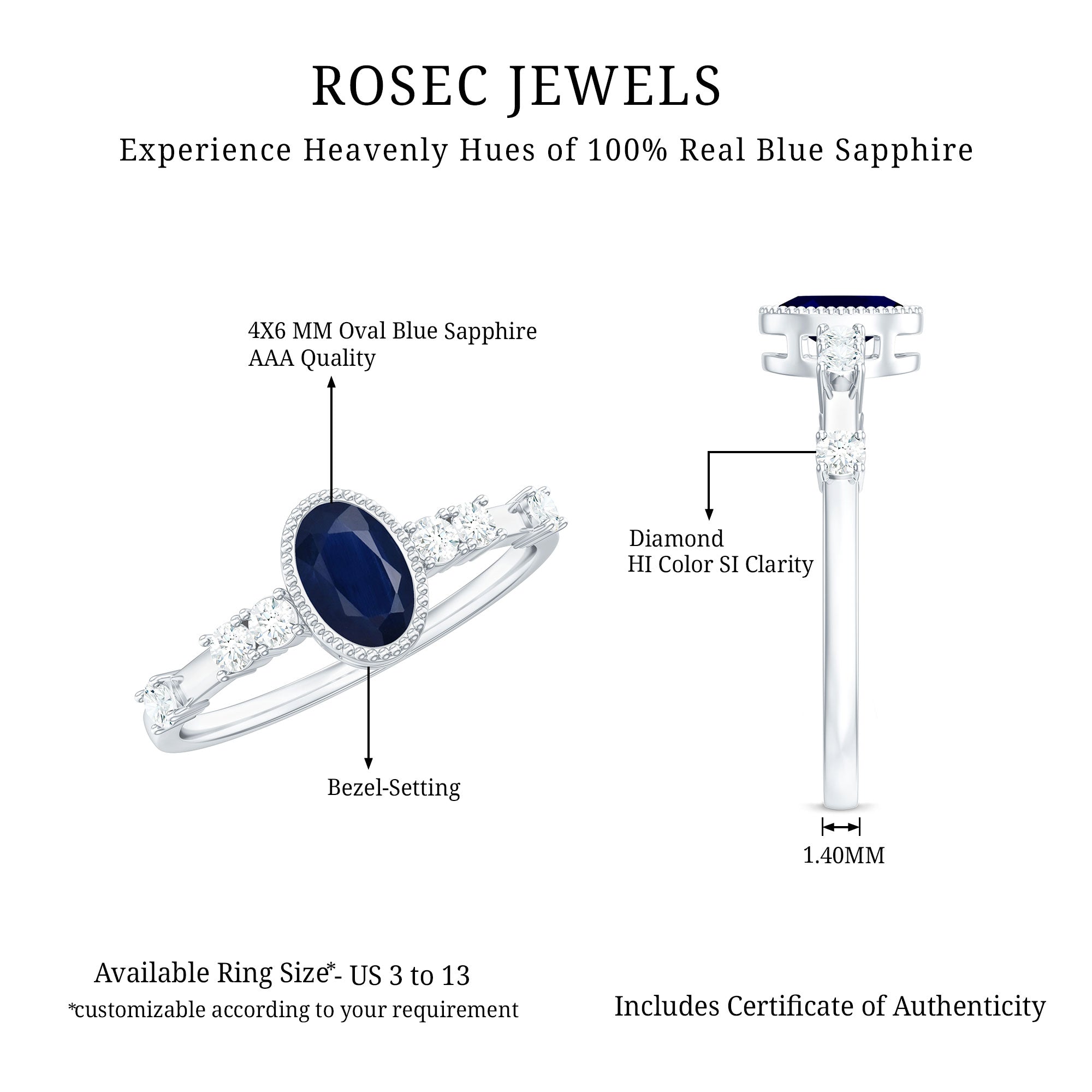 Rosec Jewels-Vintage Looking Blue Sapphire Oval Engagement Ring with Diamond