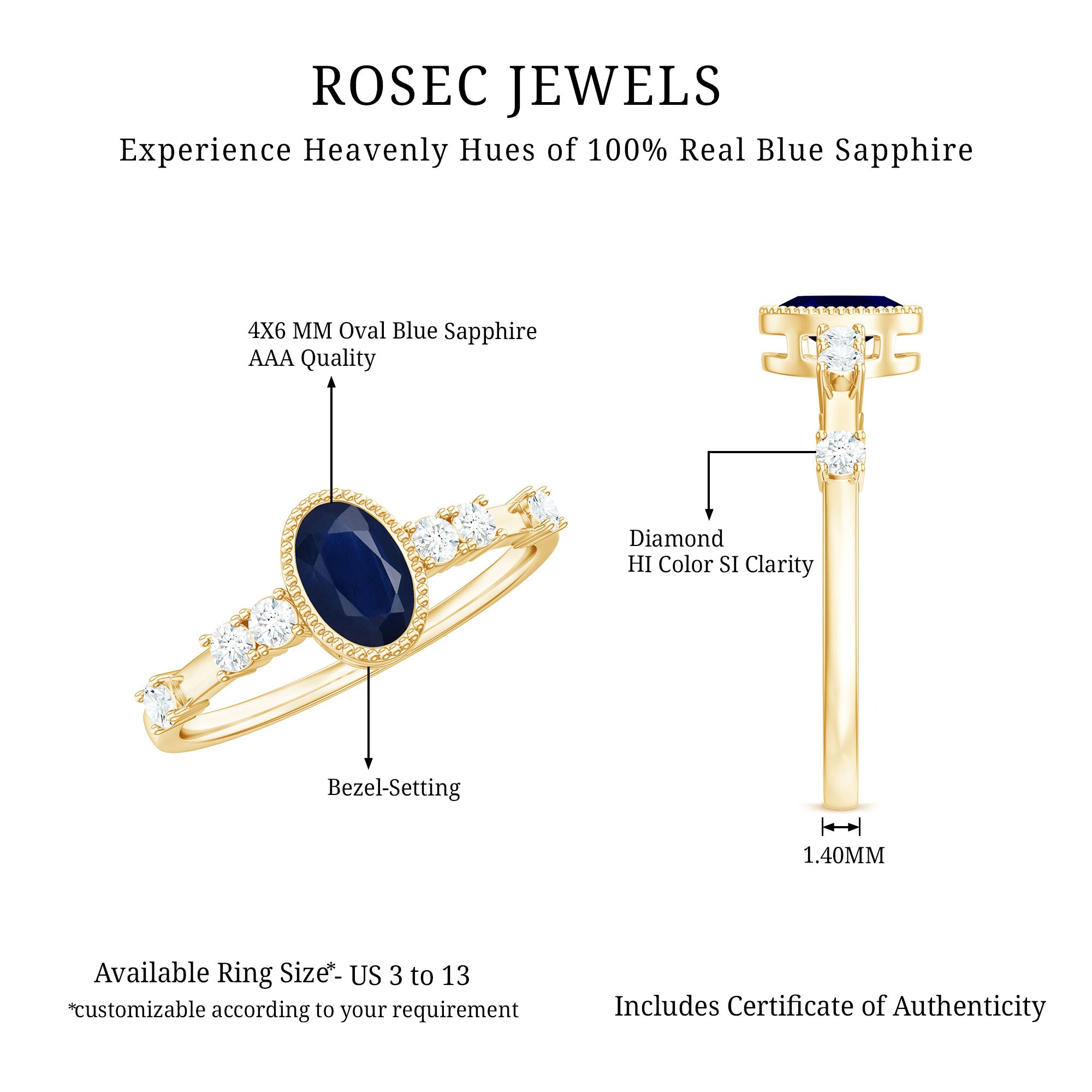 Rosec Jewels-Vintage Looking Blue Sapphire Oval Engagement Ring with Diamond