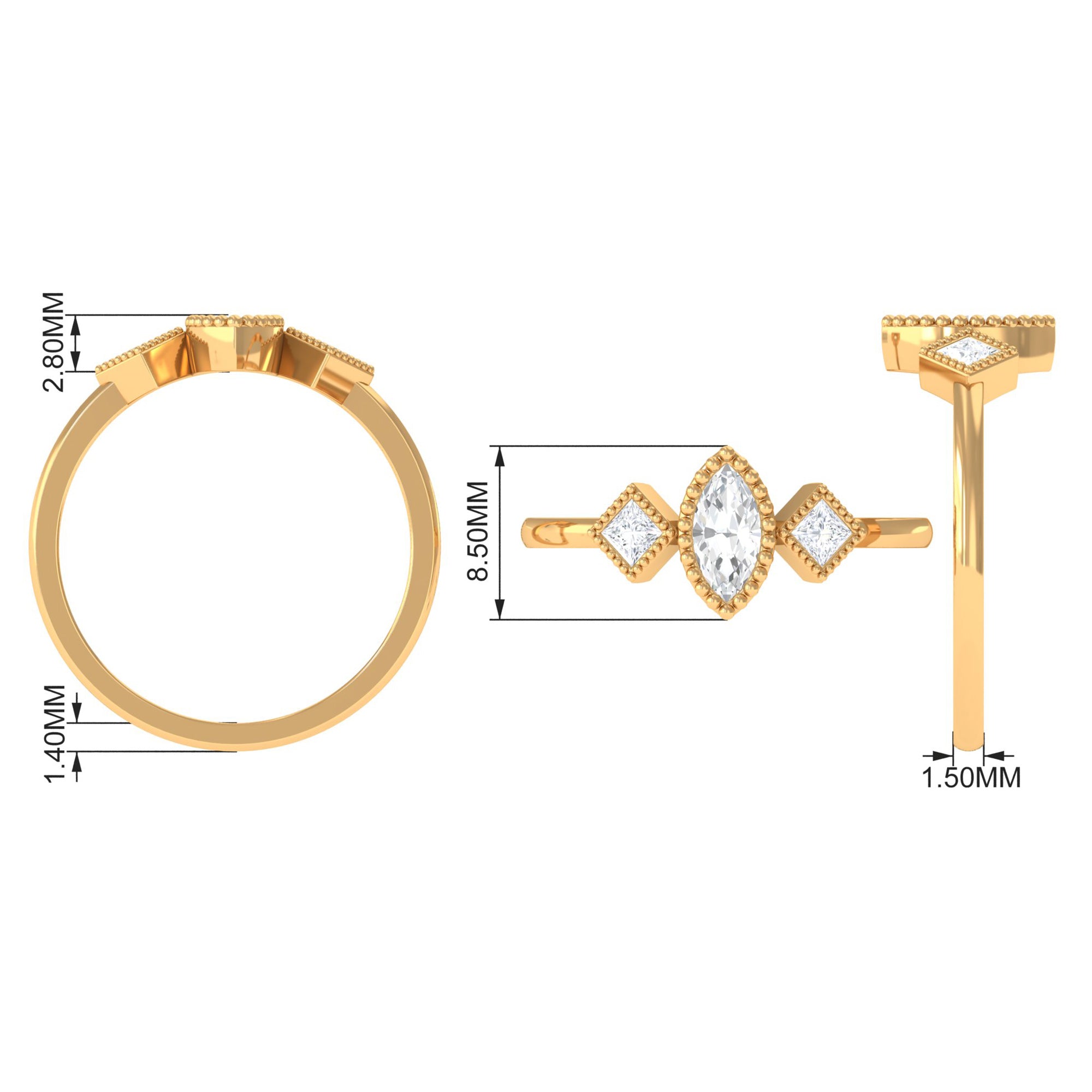 Beaded Bezel Set Zircon Three Stone Engagement Ring AAAA - Rosec Jewels