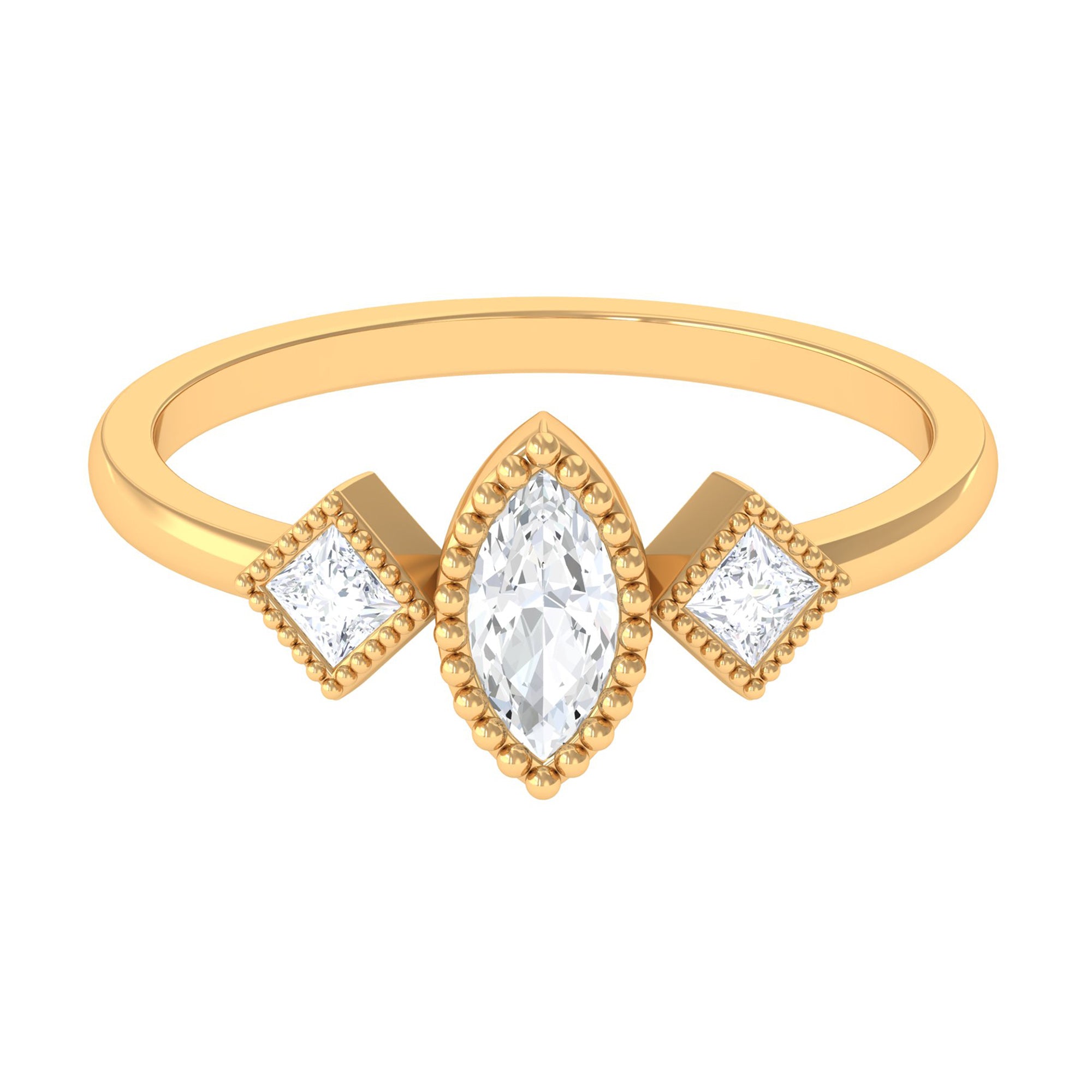 Beaded Bezel Set Zircon Three Stone Engagement Ring AAAA - Rosec Jewels