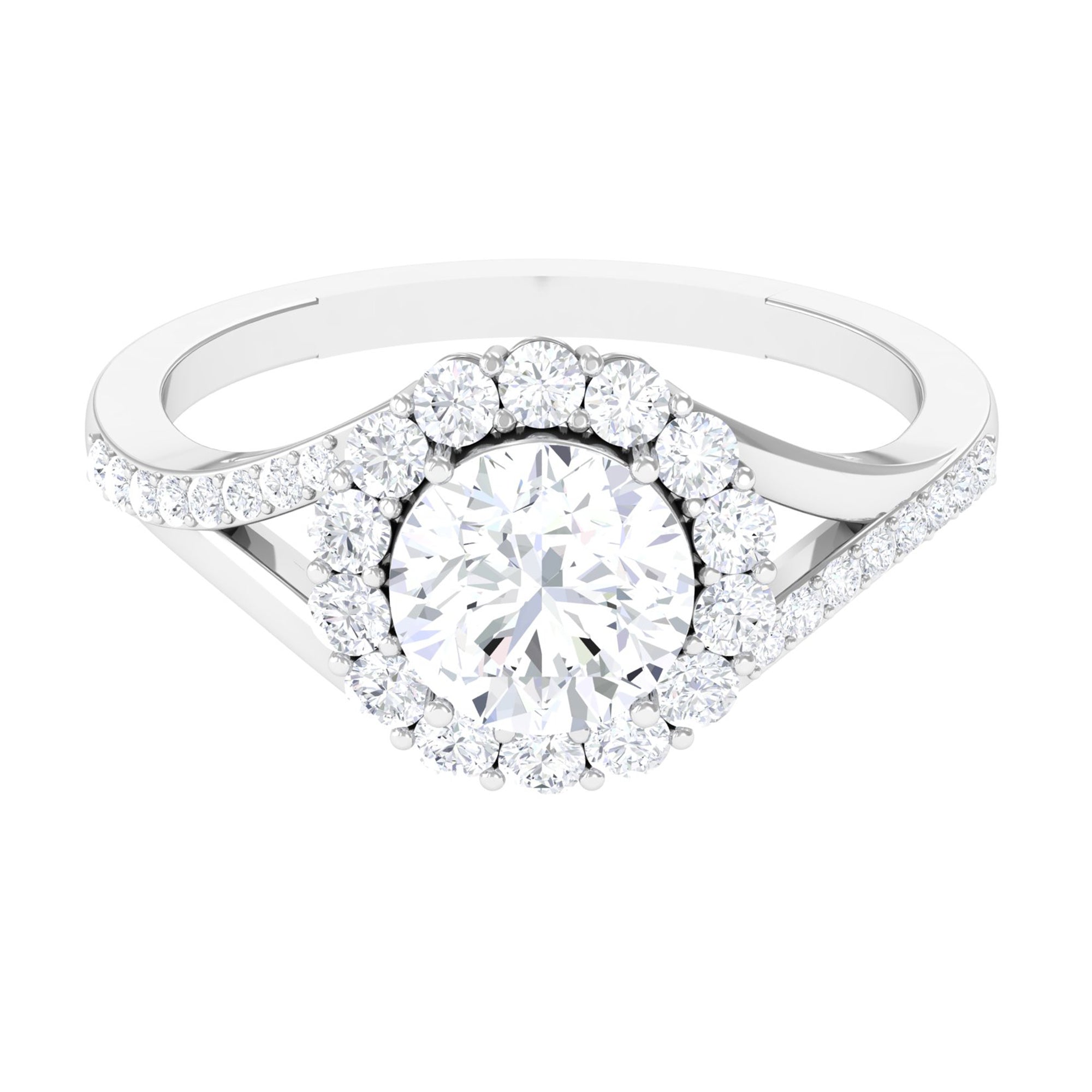 Rosec Jewels-Round Zircon Halo Engagement Ring with Split Shank