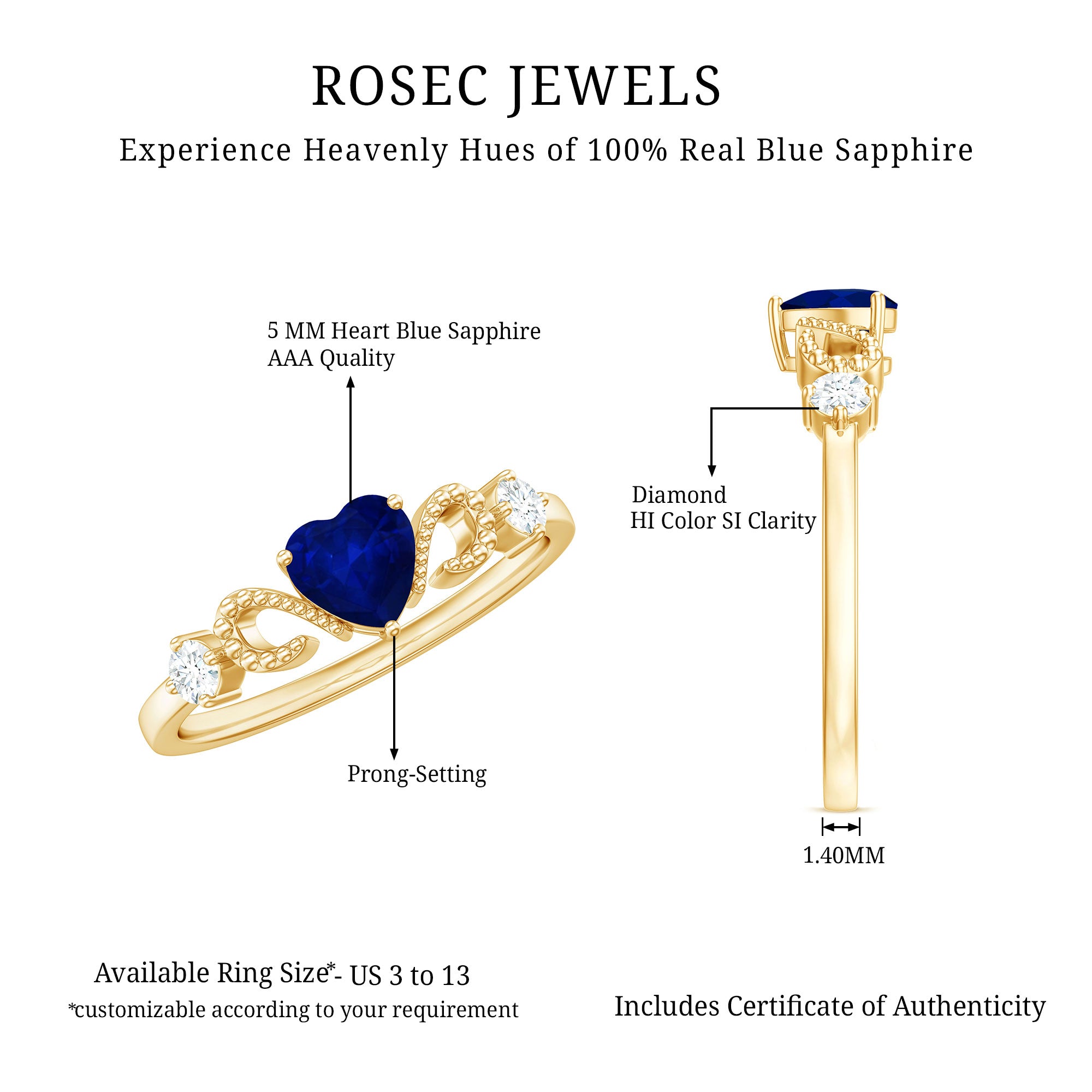 Natural 0.6 Carat Blue Sapphire Heart Promise Ring with Diamond AAA - Rosec Jewels