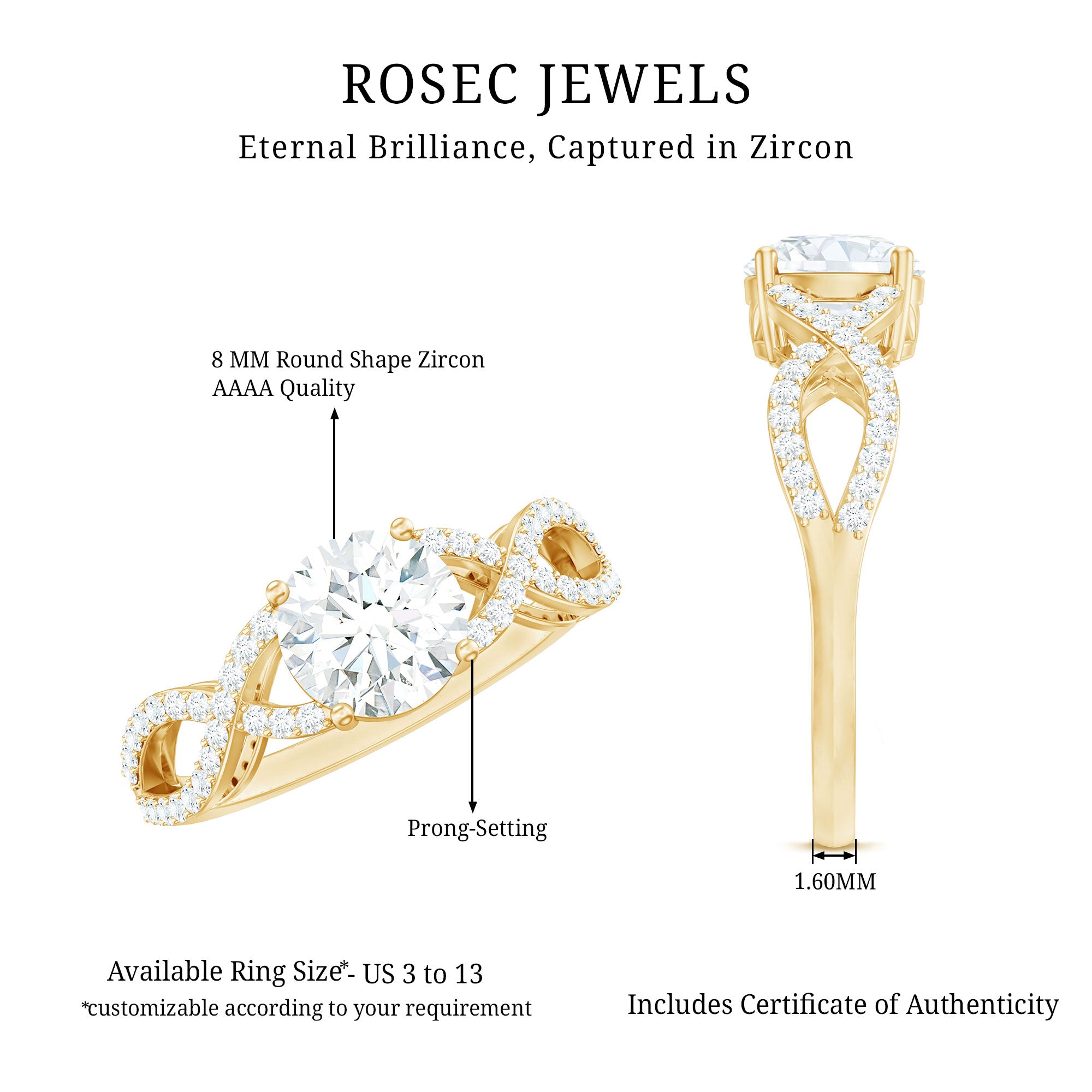 1.75 CT Round Cut Solitaire Zircon Crossover Engagement Ring AAAA - Rosec Jewels