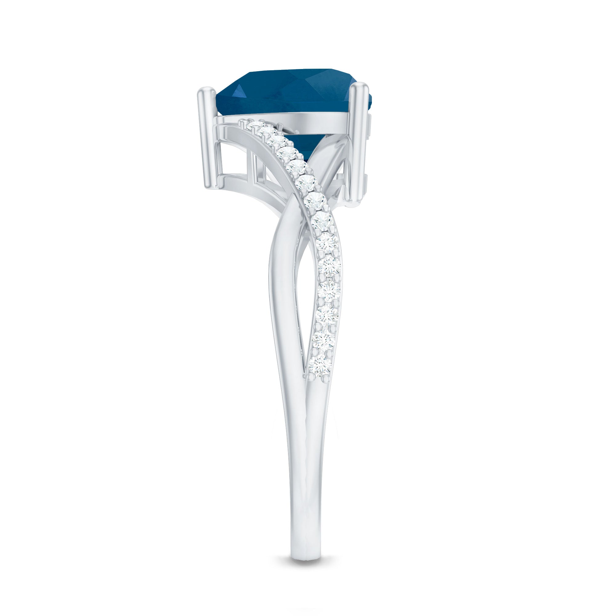 London Blue Topaz and Diamond Heart Engagement Ring in Crossover Band AAA - Rosec Jewels