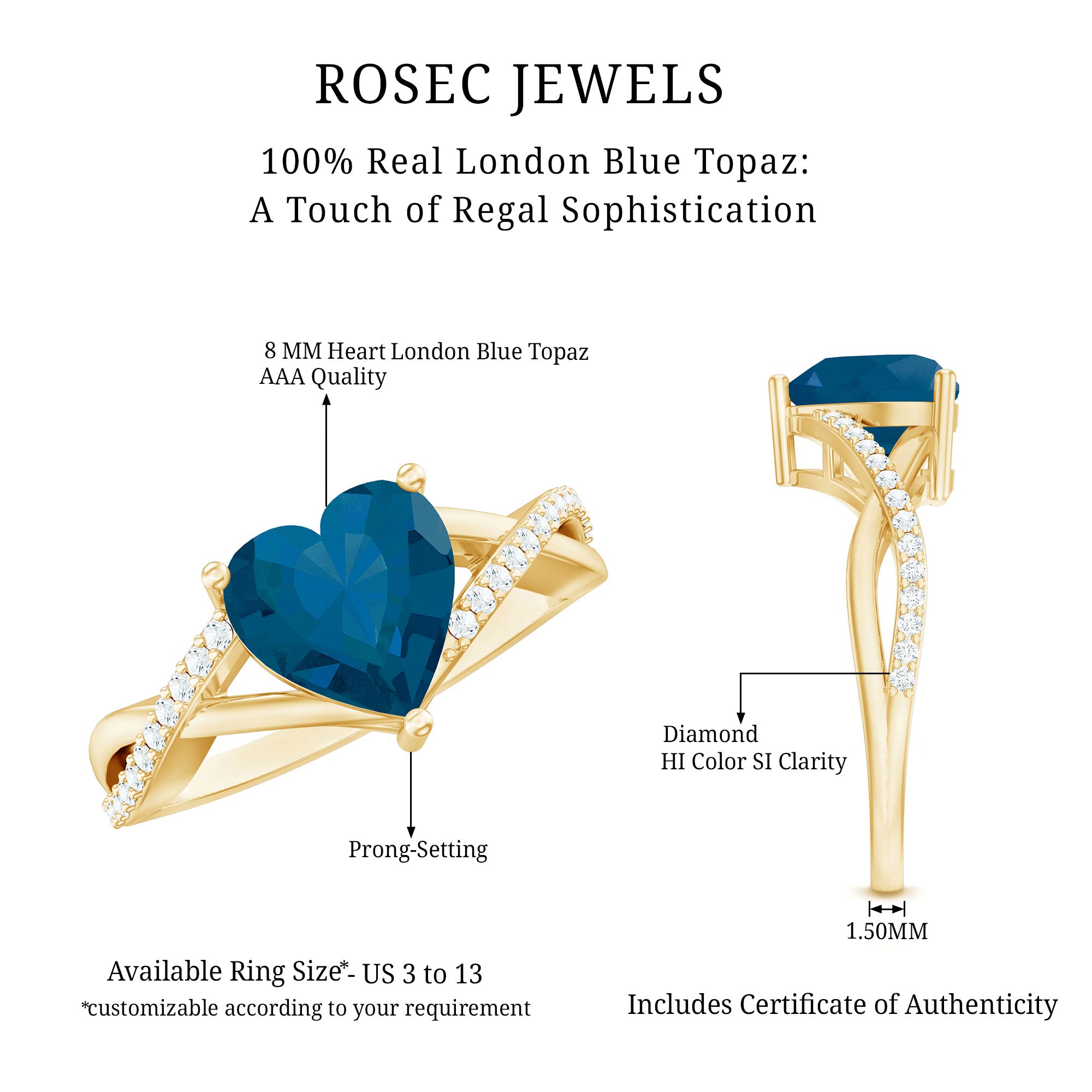 London Blue Topaz and Diamond Heart Engagement Ring in Crossover Band AAA - Rosec Jewels