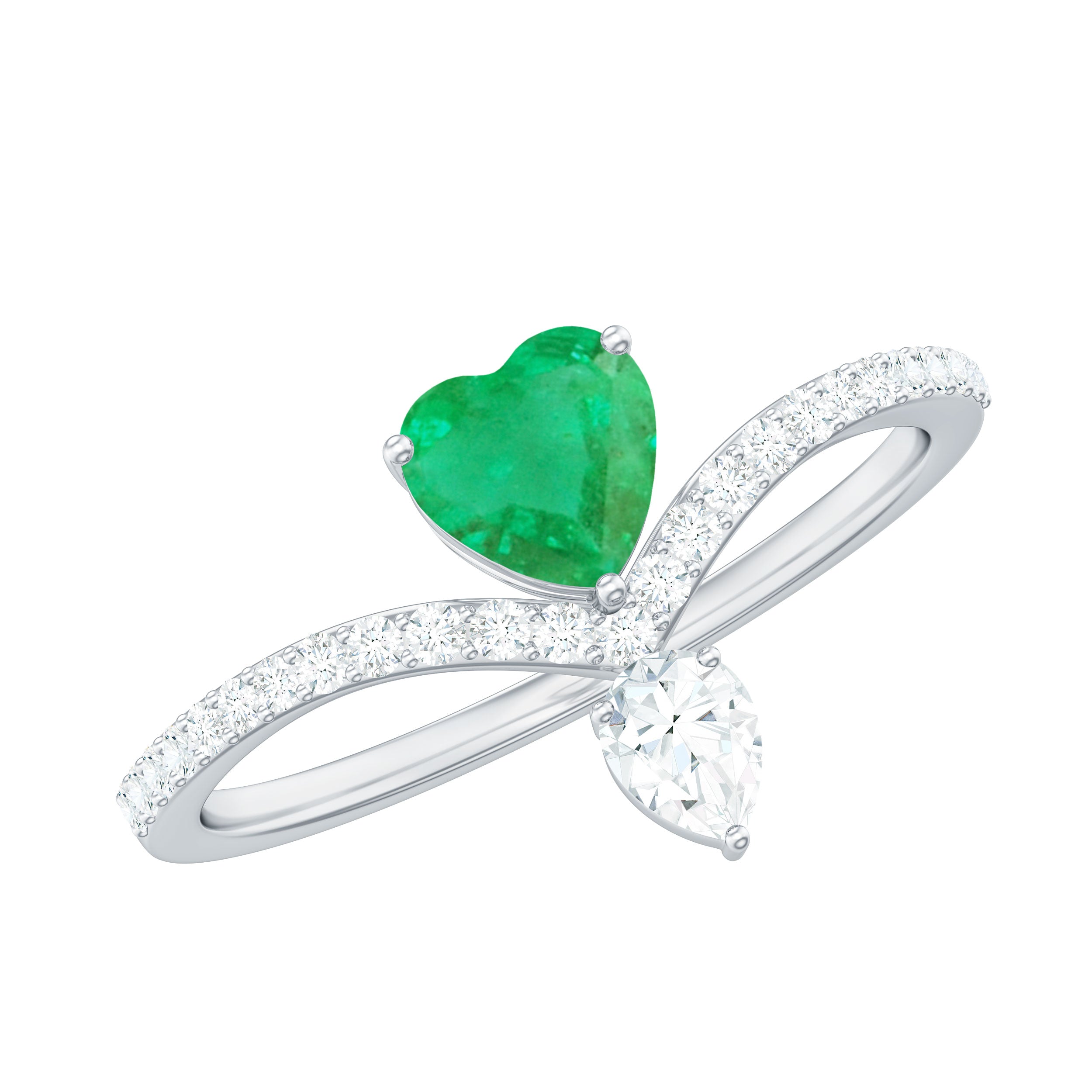 Rosec Jewels-Designer Emerald Heart Engagement Ring with Diamond