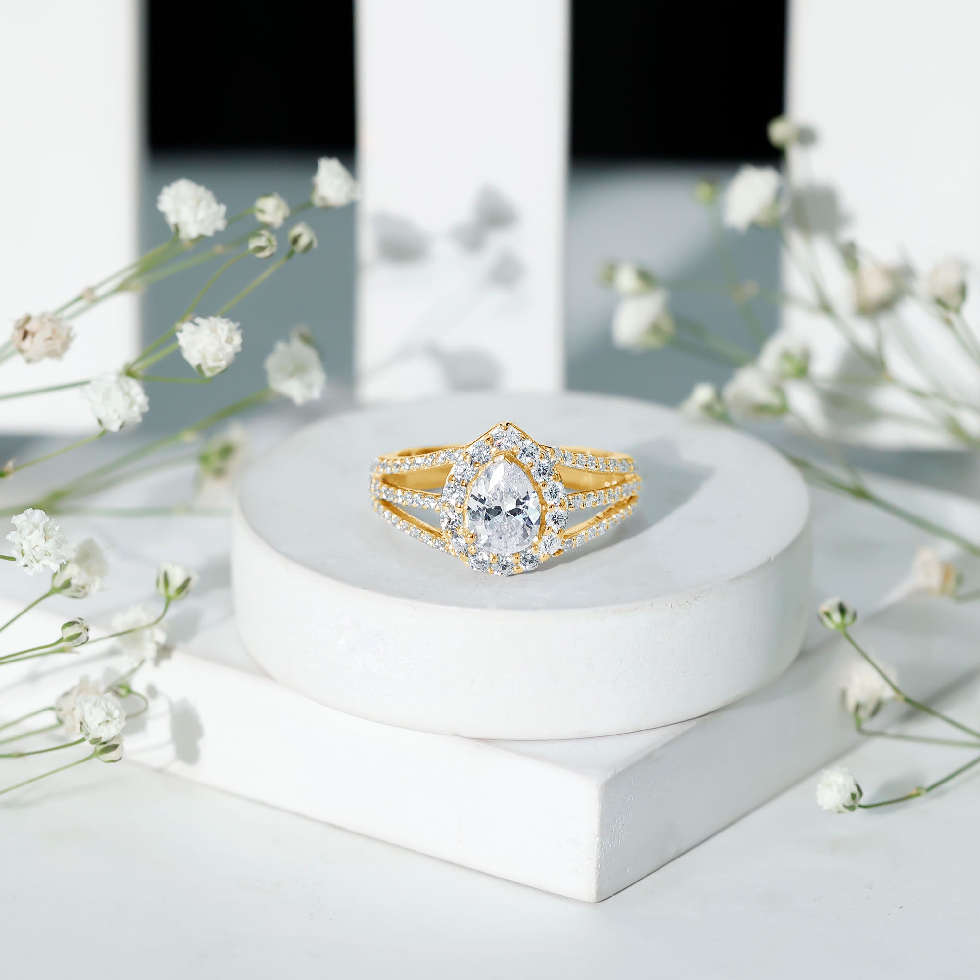 Pear Shaped Cubic Zirconia Split Shank Engagement Ring for Women AAAA - Rosec Jewels