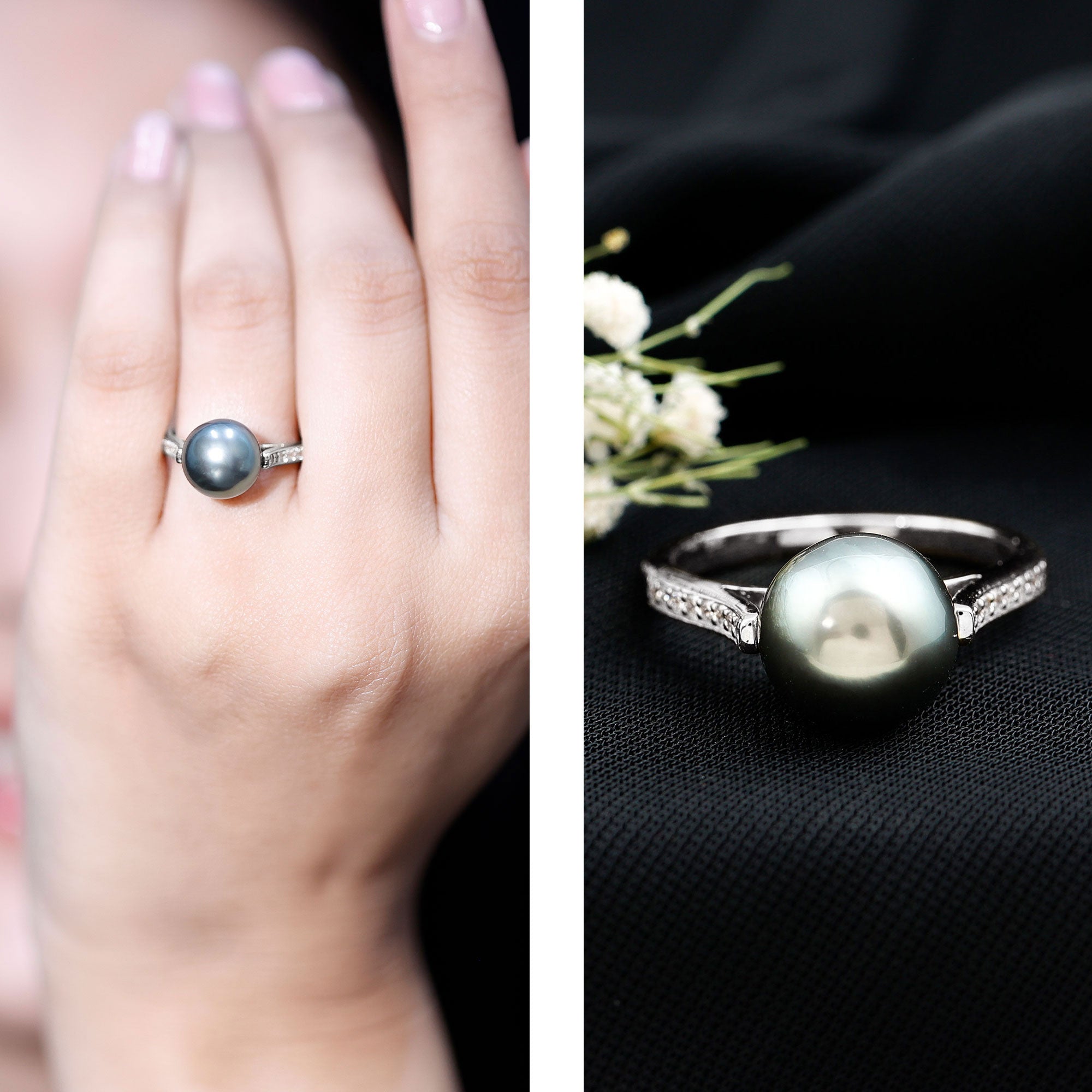 Real Tahitian Pearl Solitaire Engagement Ring with Diamond AAA - Rosec Jewels
