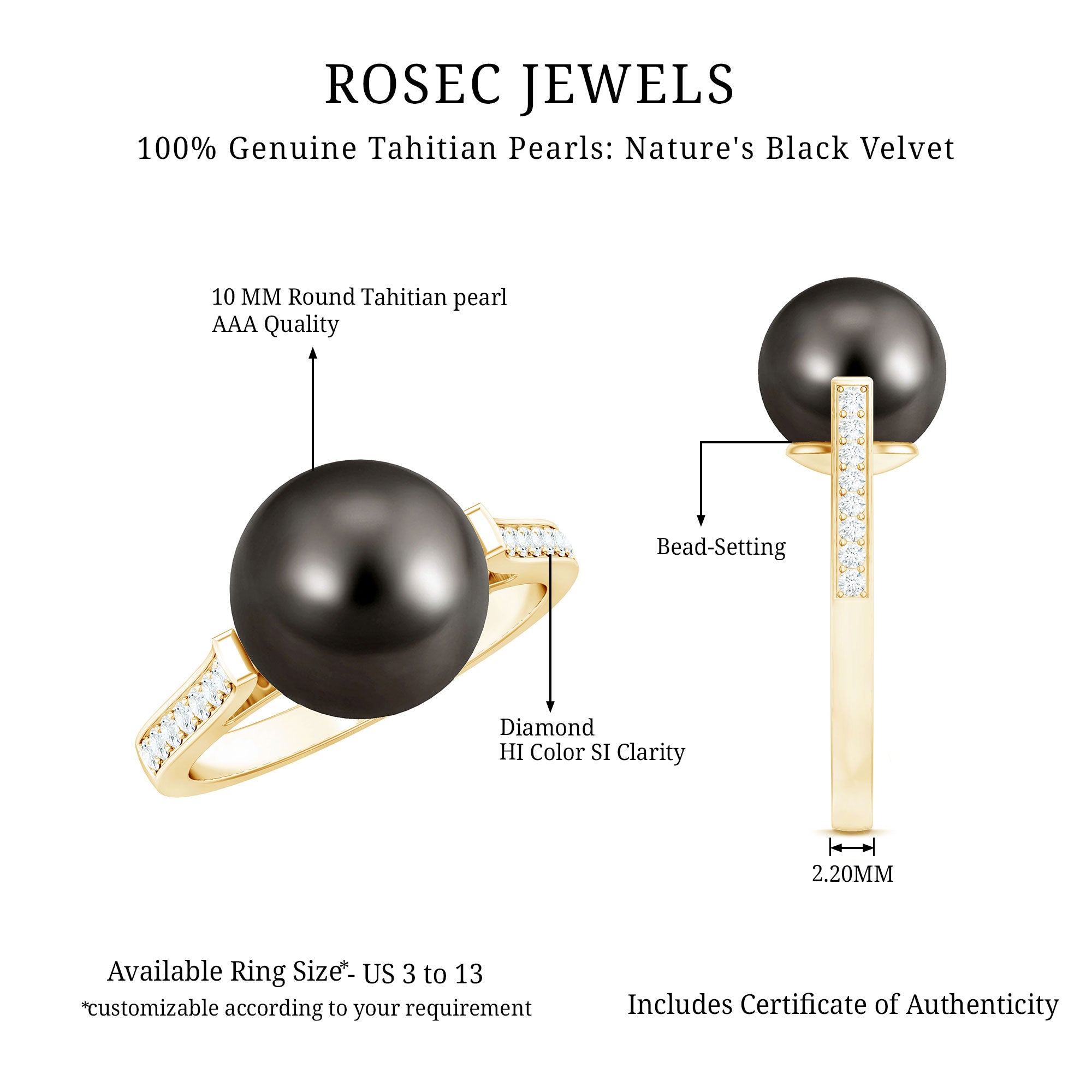 Real Tahitian Pearl Solitaire Engagement Ring with Diamond AAA - Rosec Jewels