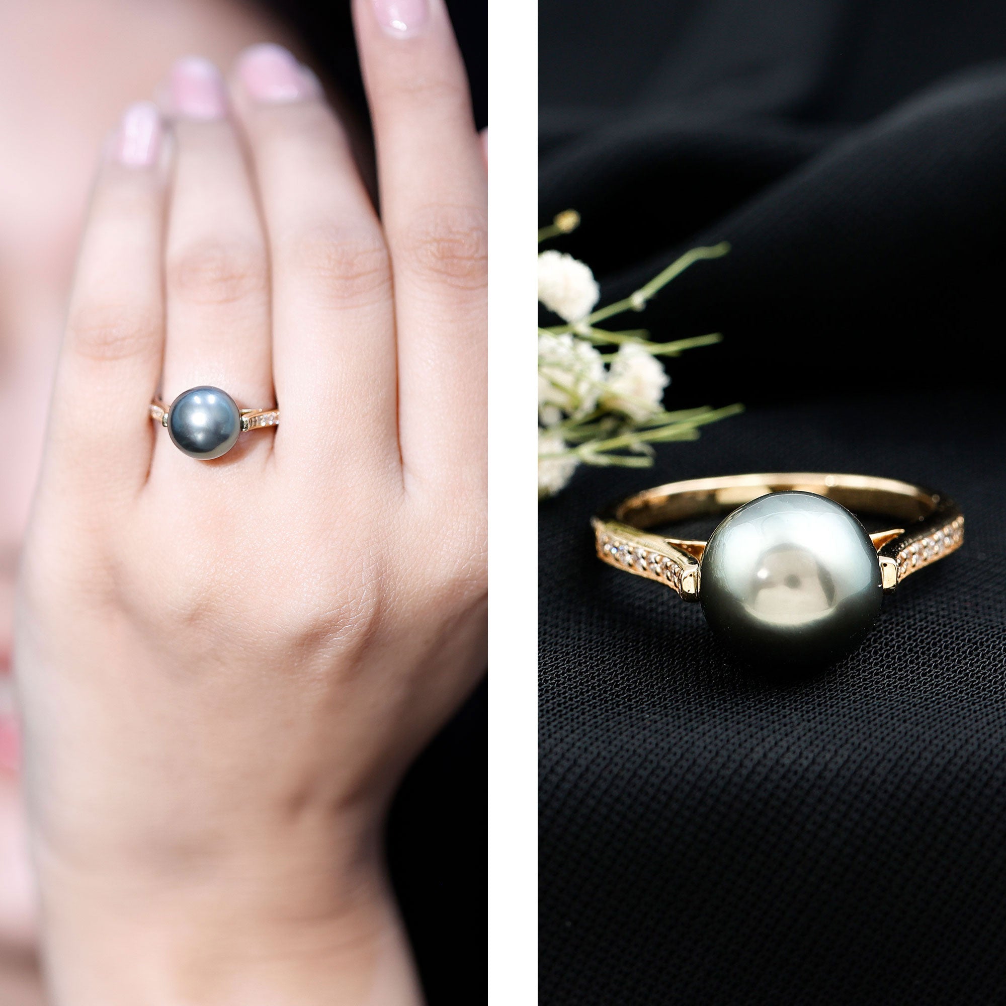 Real Tahitian Pearl Solitaire Engagement Ring with Diamond AAA - Rosec Jewels