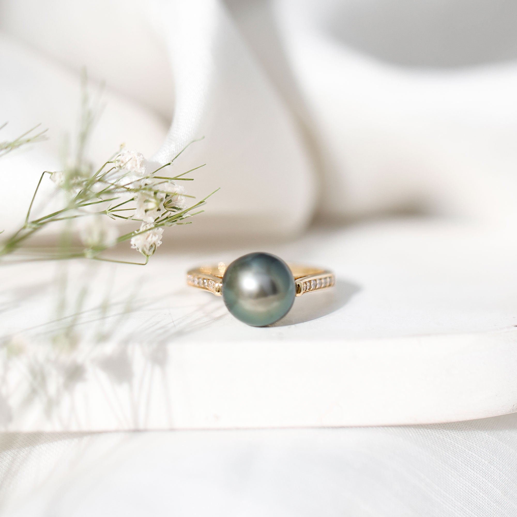 Real Tahitian Pearl Solitaire Engagement Ring with Diamond AAA - Rosec Jewels