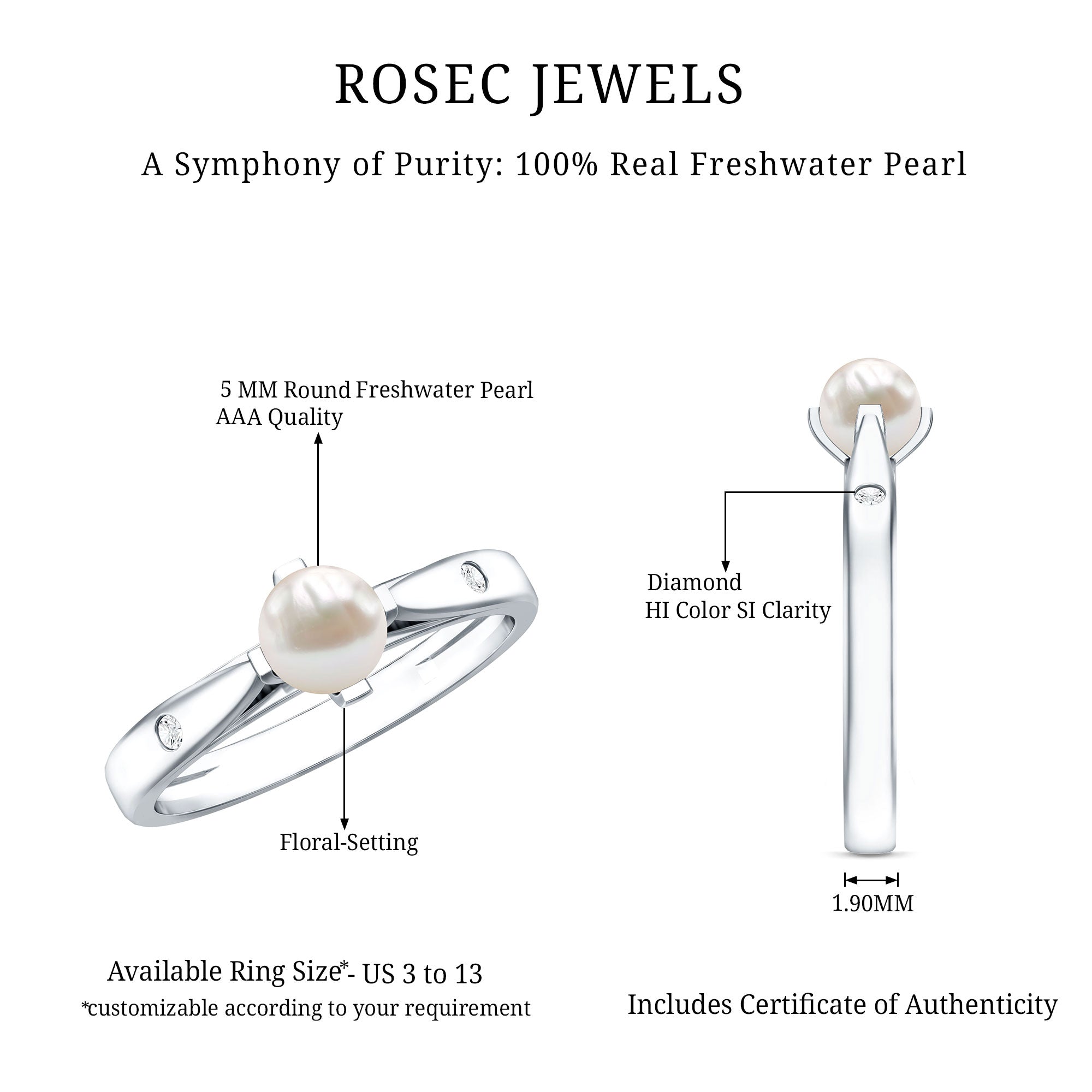 Cultured 2 Carat Freshwater Pearl Solitaire Promise Ring with Diamond AAA - Rosec Jewels