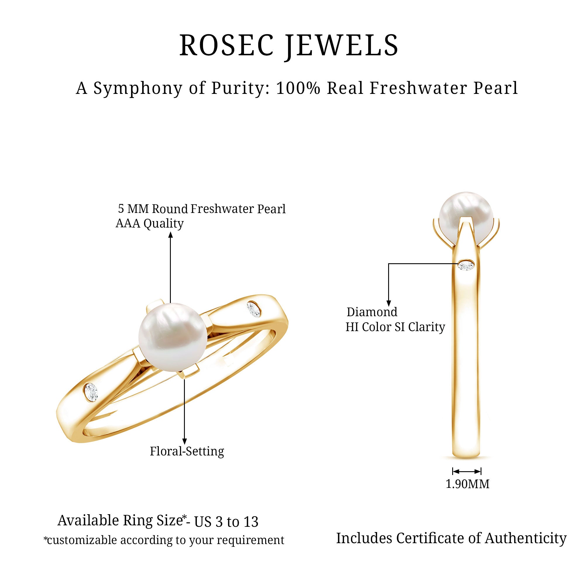 Cultured 2 Carat Freshwater Pearl Solitaire Promise Ring with Diamond AAA - Rosec Jewels