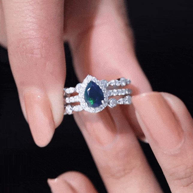0.7 Carat Pear Cut Black Opal Trio Wedding Ring Set with Moissanite AAA - Rosec Jewels