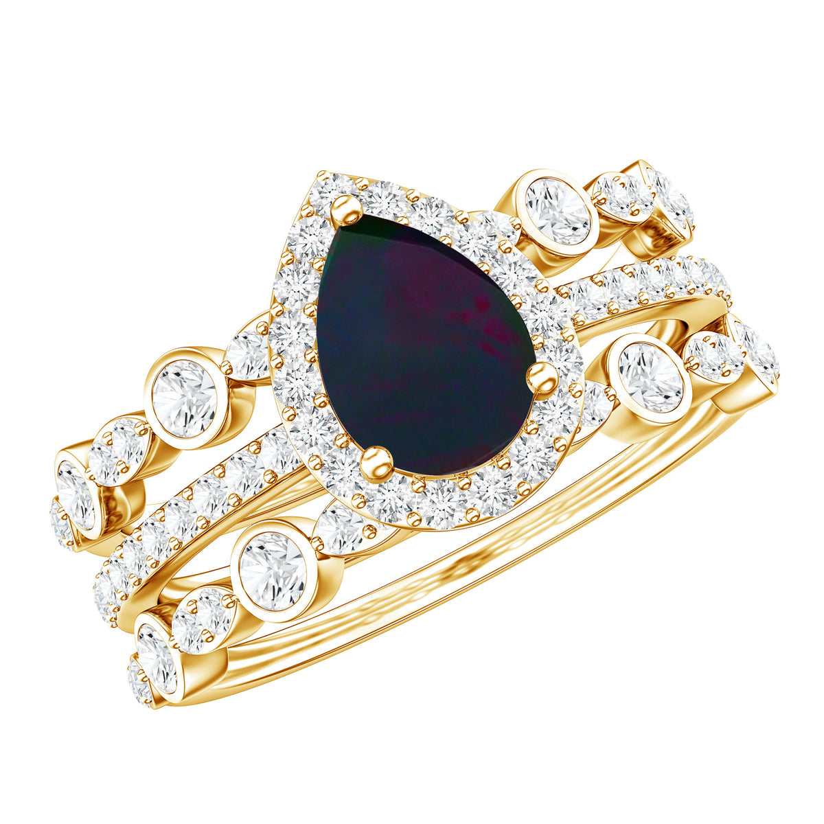 0.7 Carat Pear Cut Black Opal Trio Wedding Ring Set with Moissanite AAA - Rosec Jewels