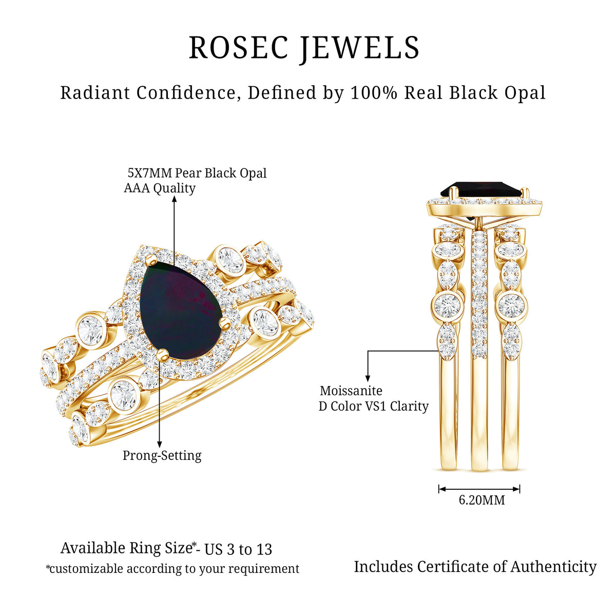 0.7 Carat Pear Cut Black Opal Trio Wedding Ring Set with Moissanite AAA - Rosec Jewels
