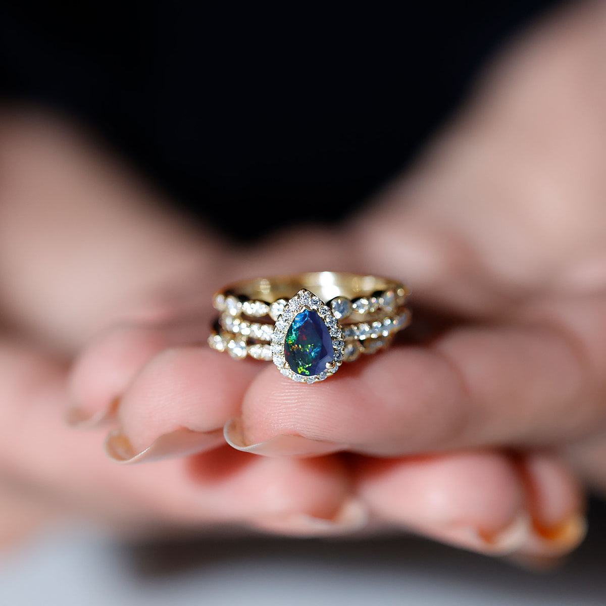 0.7 Carat Pear Cut Black Opal Trio Wedding Ring Set with Moissanite AAA - Rosec Jewels
