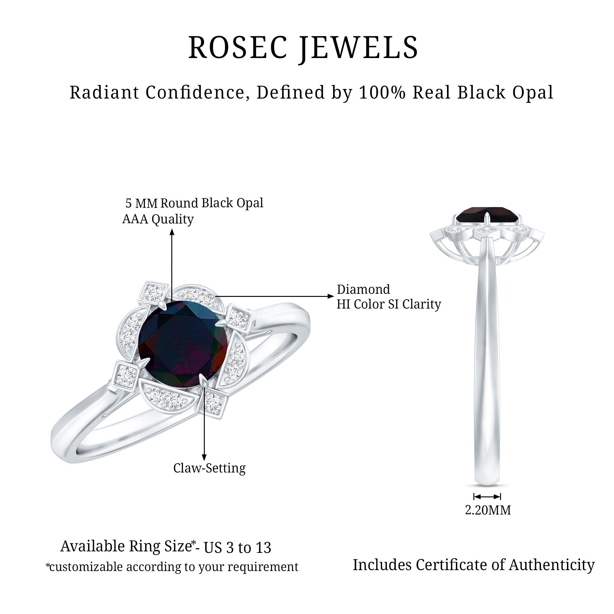Vintage Inspired Black Opal and Diamond Engagement Ring AAA - Rosec Jewels