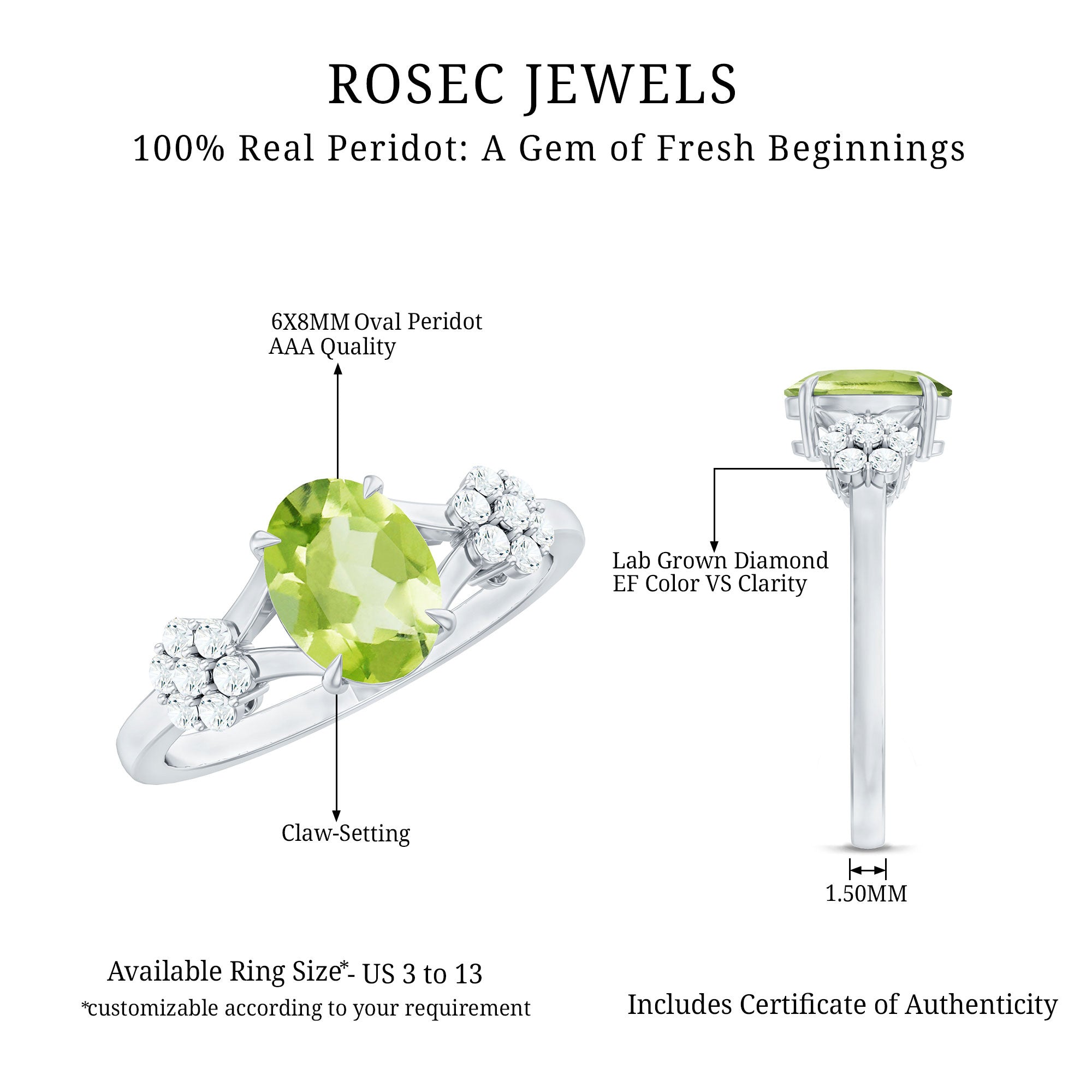 1 Carat Oval Cut Peridot Flower Engagement Ring with Diamonds AAA - Rosec Jewels