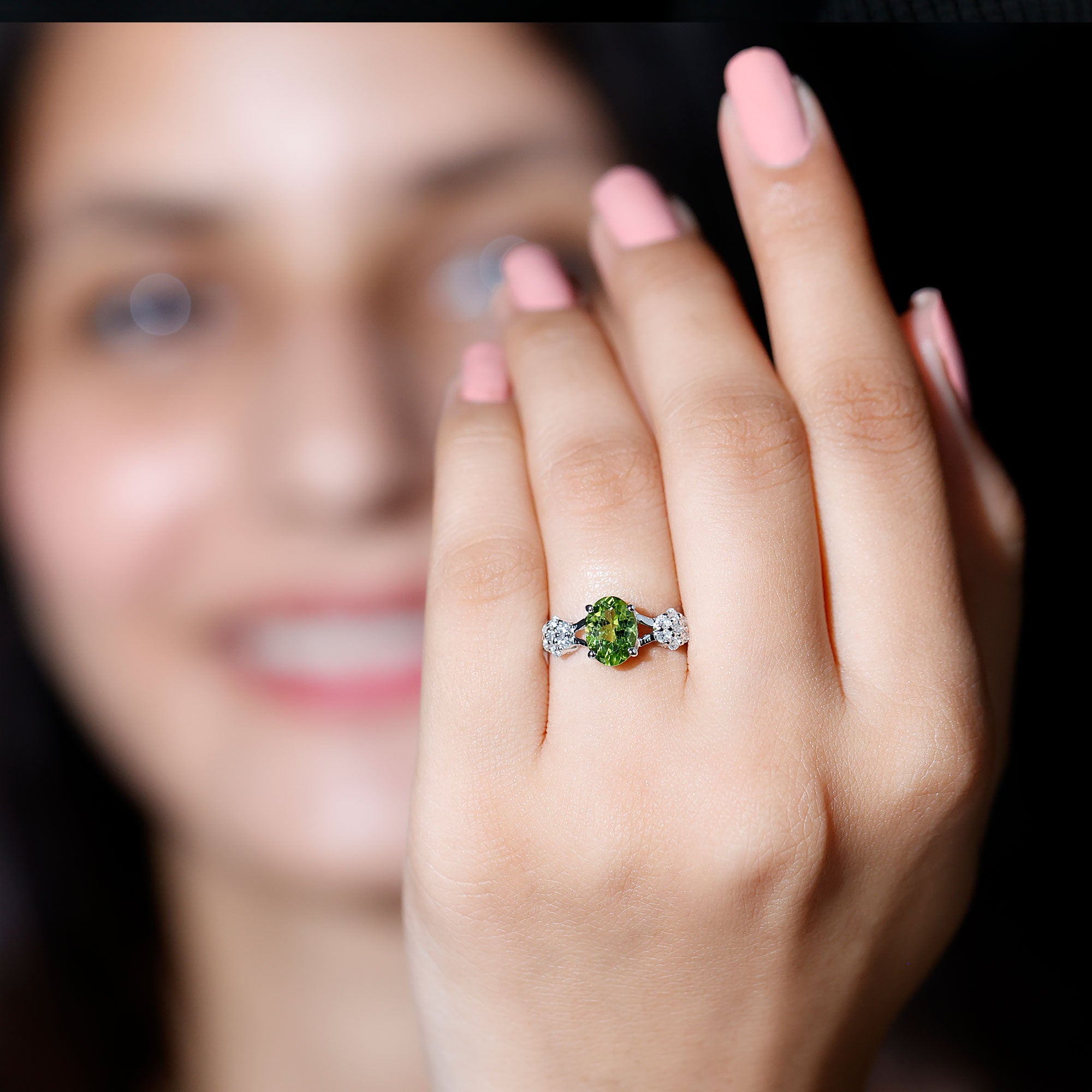 1 Carat Oval Cut Peridot Flower Engagement Ring with Diamonds AAA - Rosec Jewels
