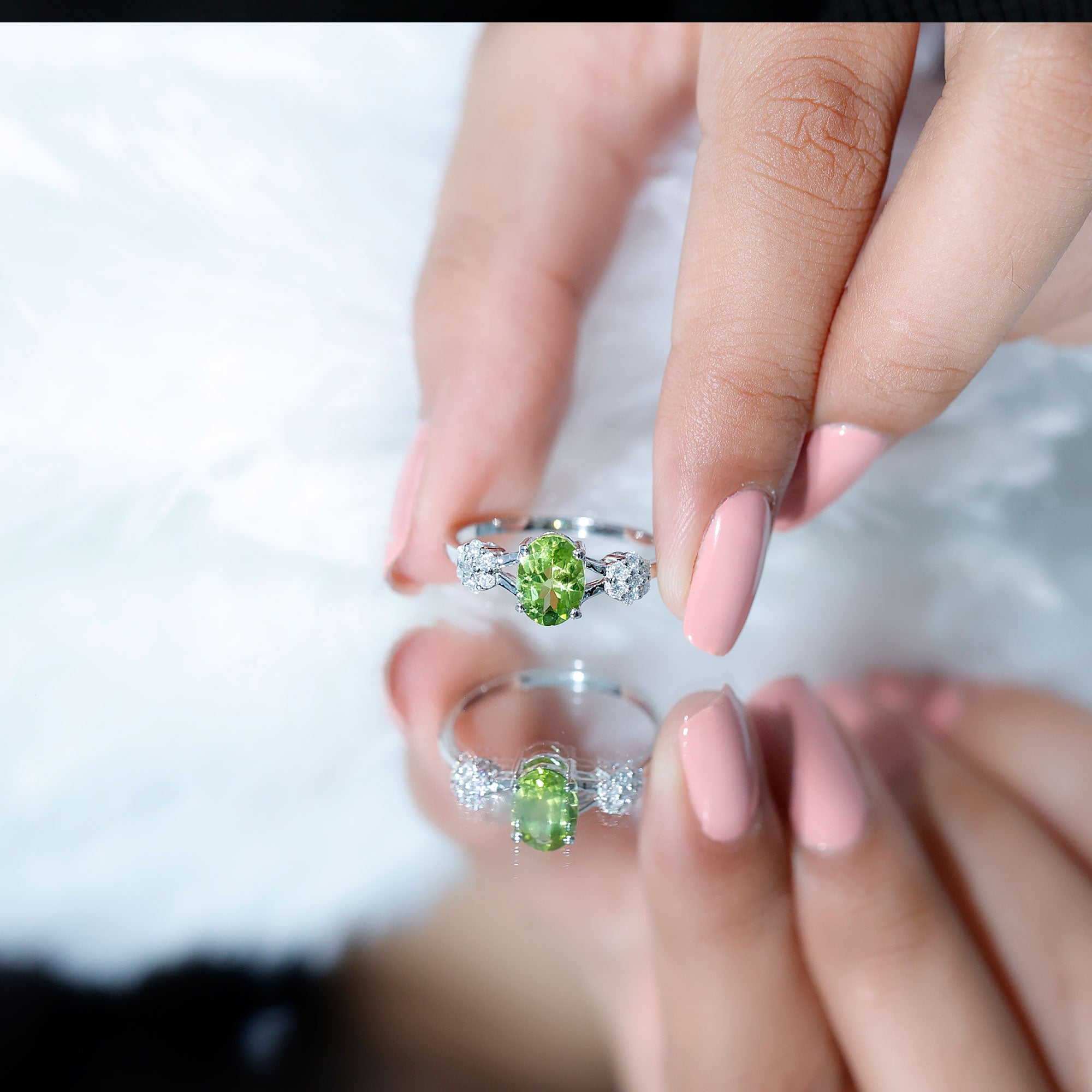 1 Carat Oval Cut Peridot Flower Engagement Ring with Diamonds AAA - Rosec Jewels