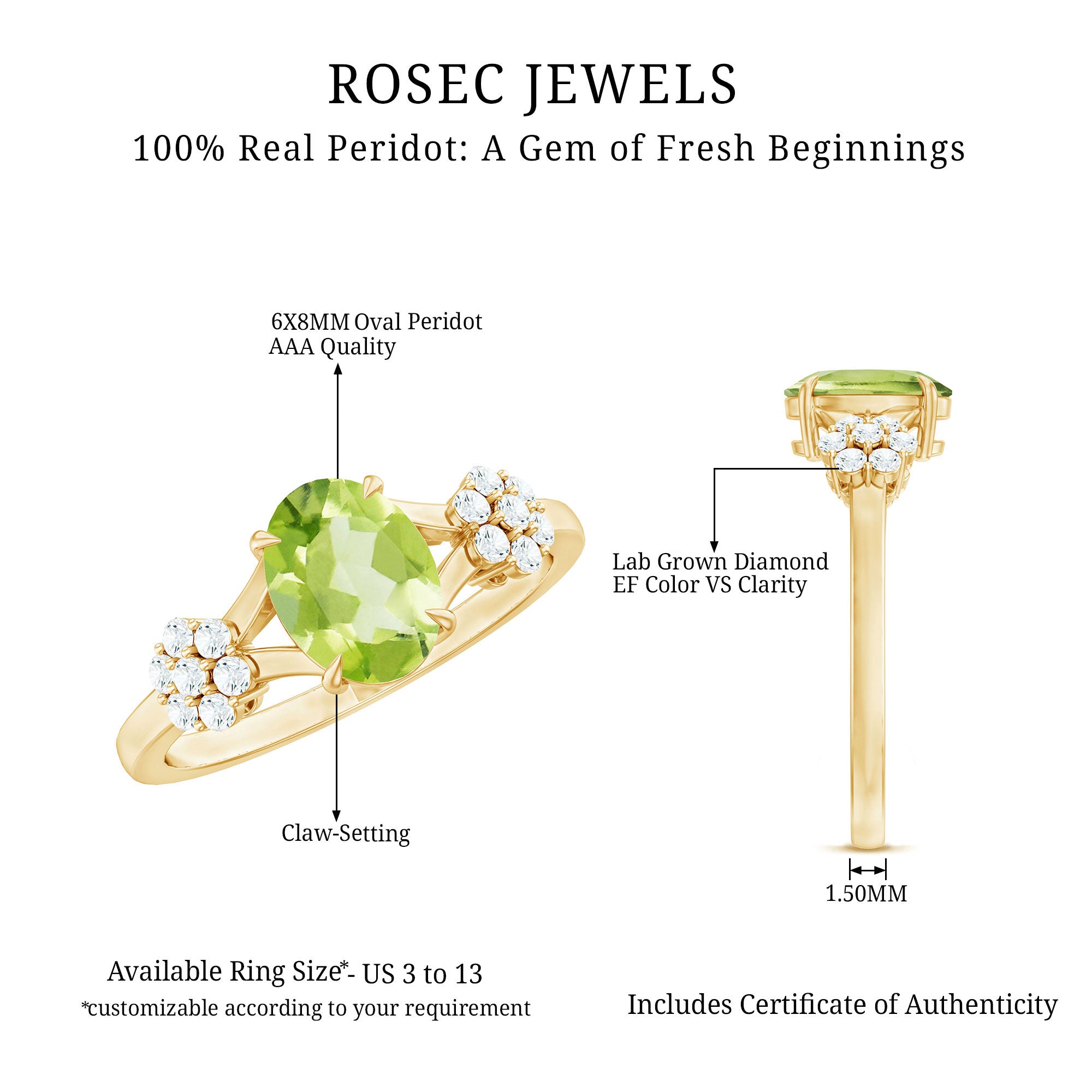 1 Carat Oval Cut Peridot Flower Engagement Ring with Diamonds AAA - Rosec Jewels