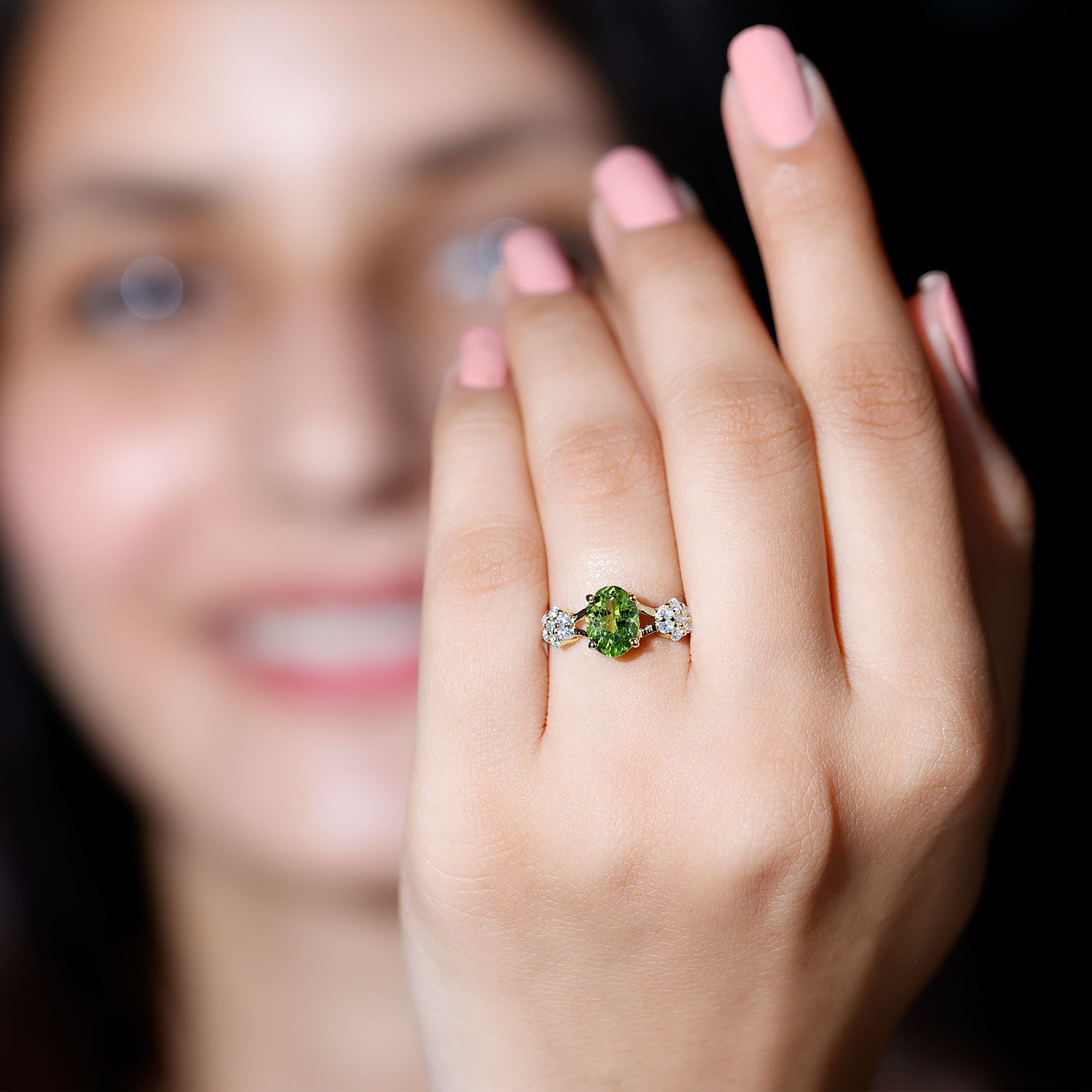 1 Carat Oval Cut Peridot Flower Engagement Ring with Diamonds AAA - Rosec Jewels