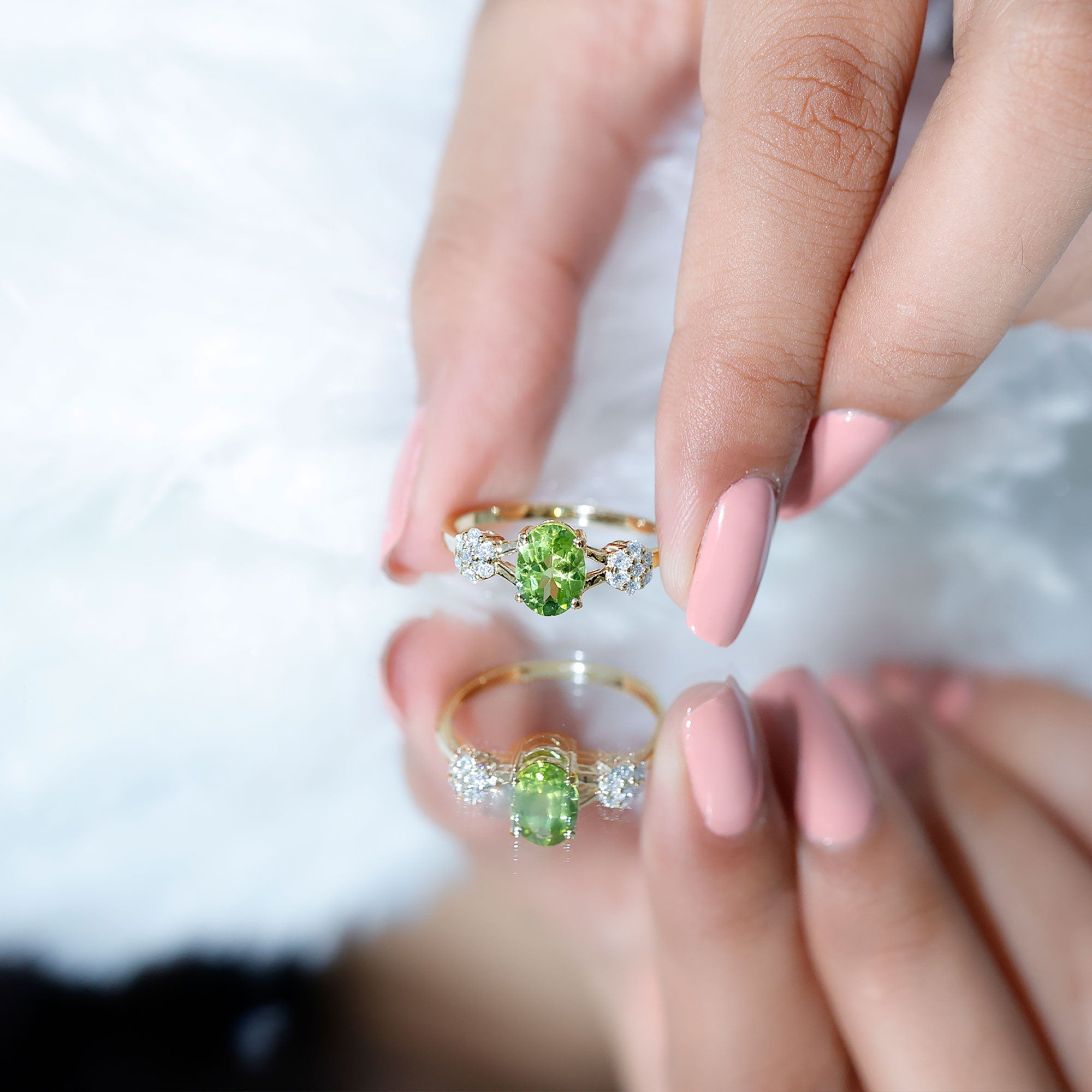 1 Carat Oval Cut Peridot Flower Engagement Ring with Diamonds AAA - Rosec Jewels