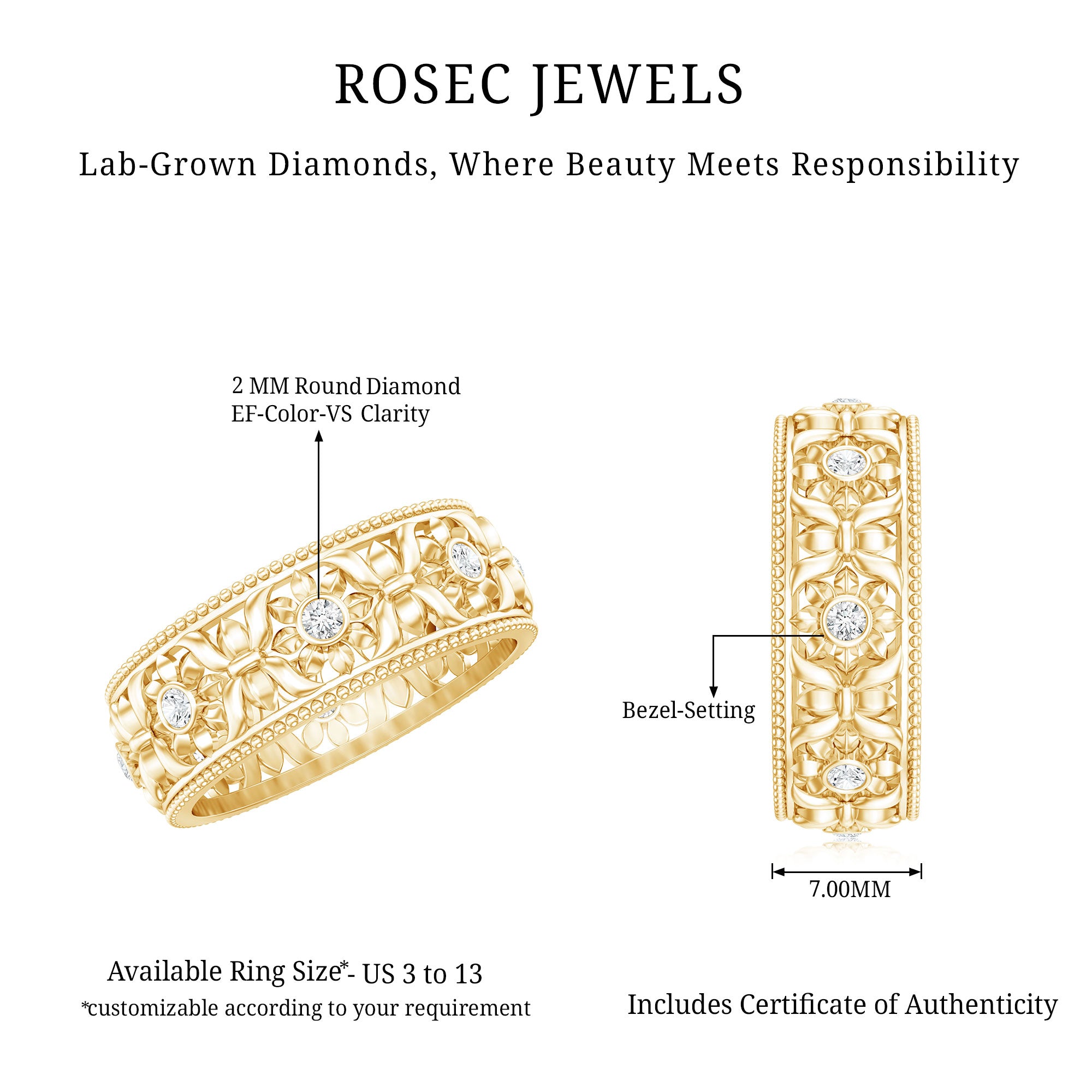 Floral Inspired Lab Grown Diamond Filigree Wedding Band Lab - ( EF-VS ) - Rosec Jewels
