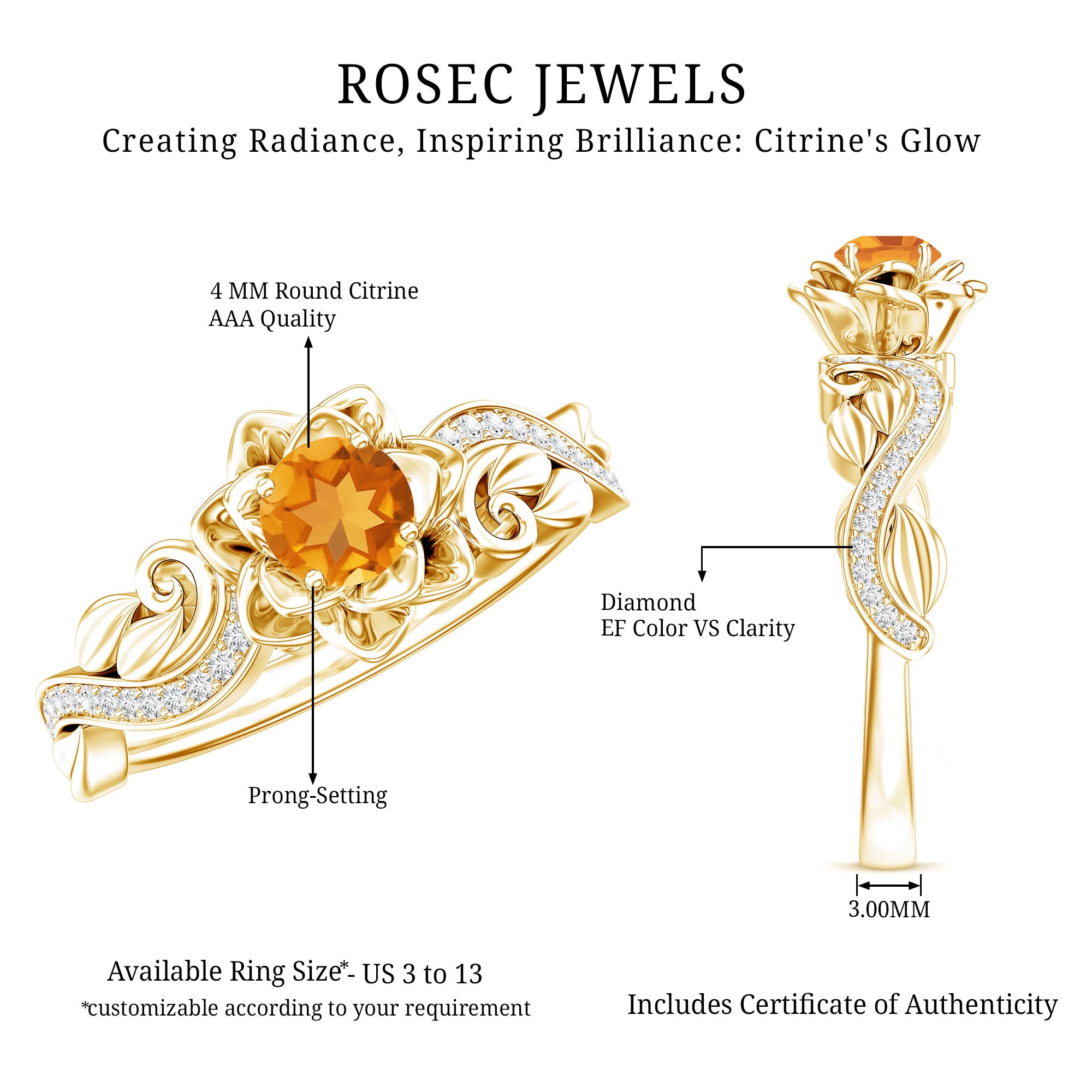 Genuine Citrine Rose Engagement Ring with Diamonds AAA 14K Yellow Gold Plated Silver - Rosec Jewels