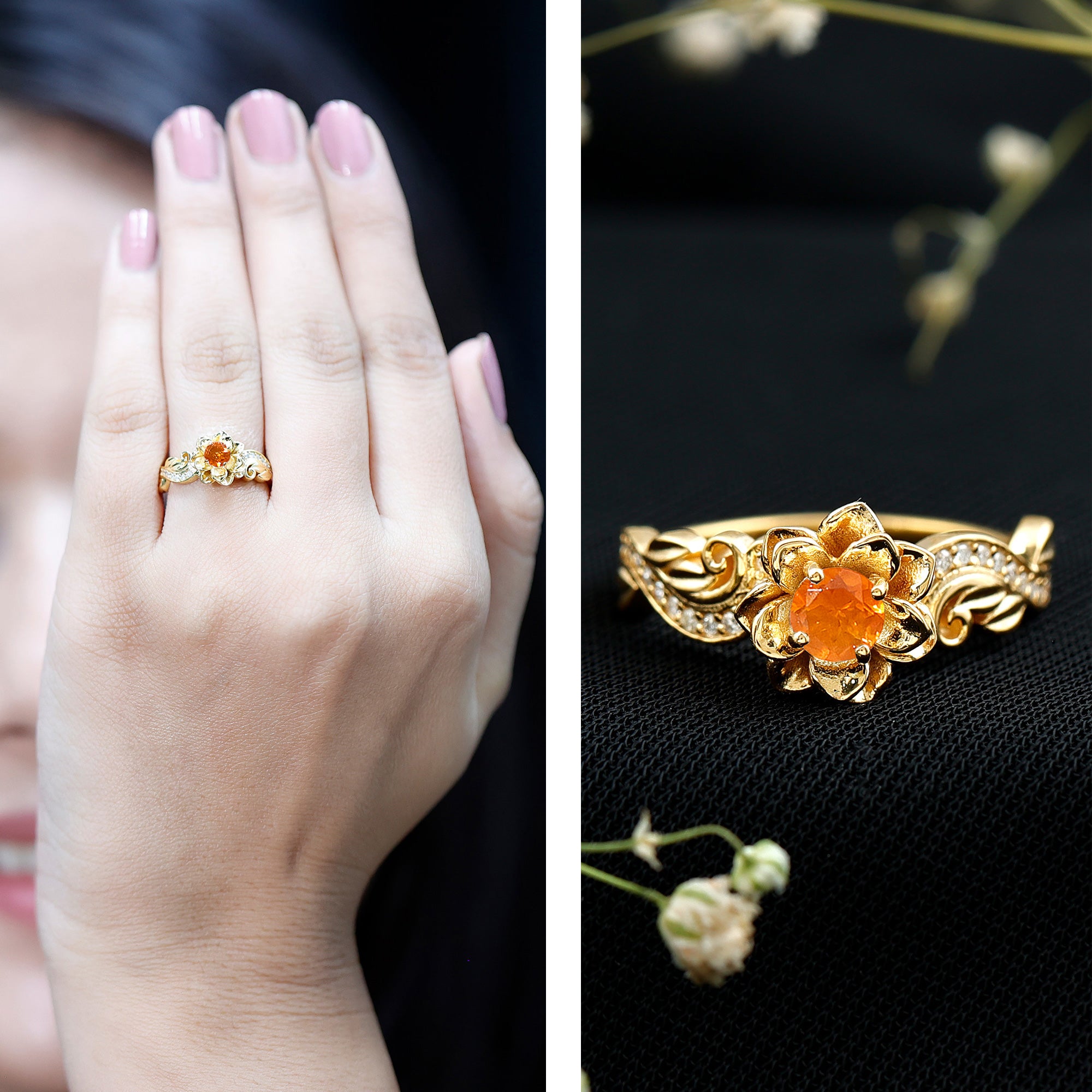Genuine Citrine Rose Engagement Ring with Diamonds AAA 14K Yellow Gold Plated Silver - Rosec Jewels