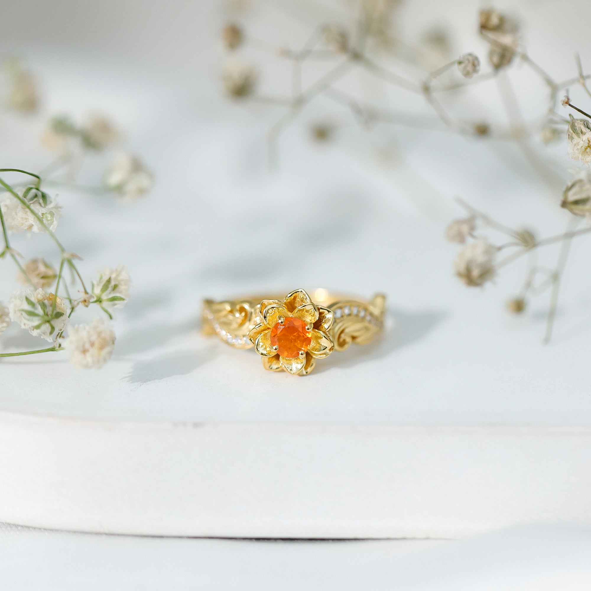 Genuine Citrine Rose Engagement Ring with Diamonds AAA 14K Yellow Gold Plated Silver - Rosec Jewels
