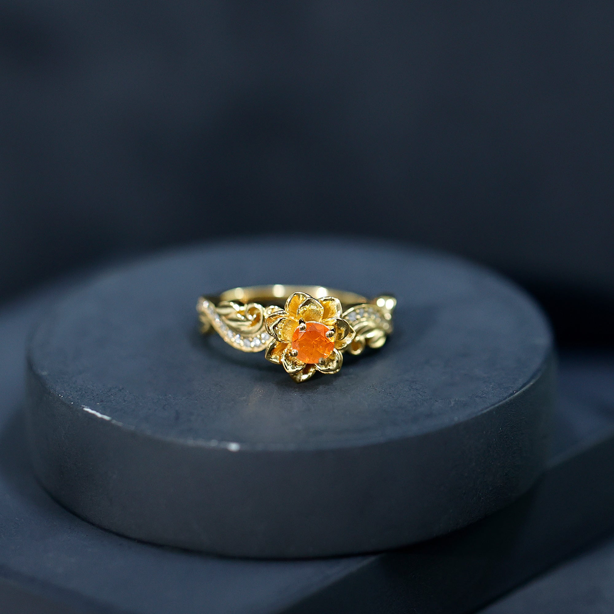 Genuine Citrine Rose Engagement Ring with Diamonds AAA 14K Yellow Gold Plated Silver - Rosec Jewels