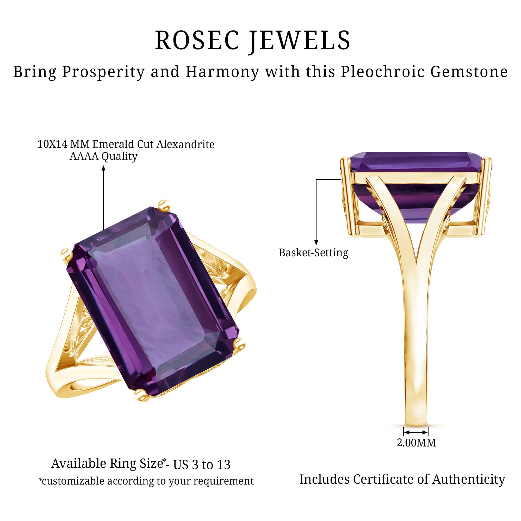 8 Carat Lab Grown Alexandrite Emerald Cut Engagement Ring AAAA 14K Yellow Gold Plated Silver - Rosec Jewels