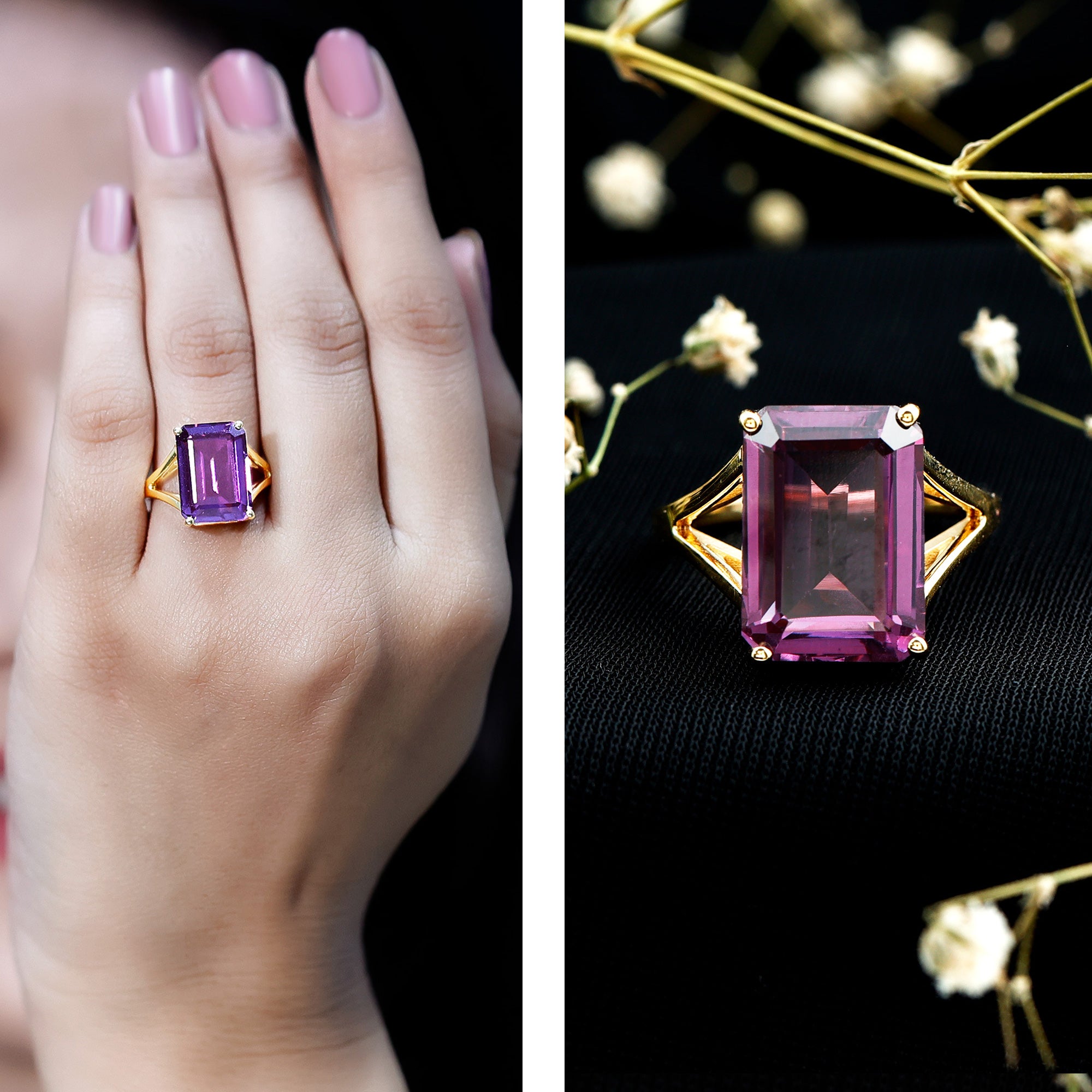 8 Carat Lab Grown Alexandrite Emerald Cut Engagement Ring AAAA 14K Yellow Gold Plated Silver - Rosec Jewels