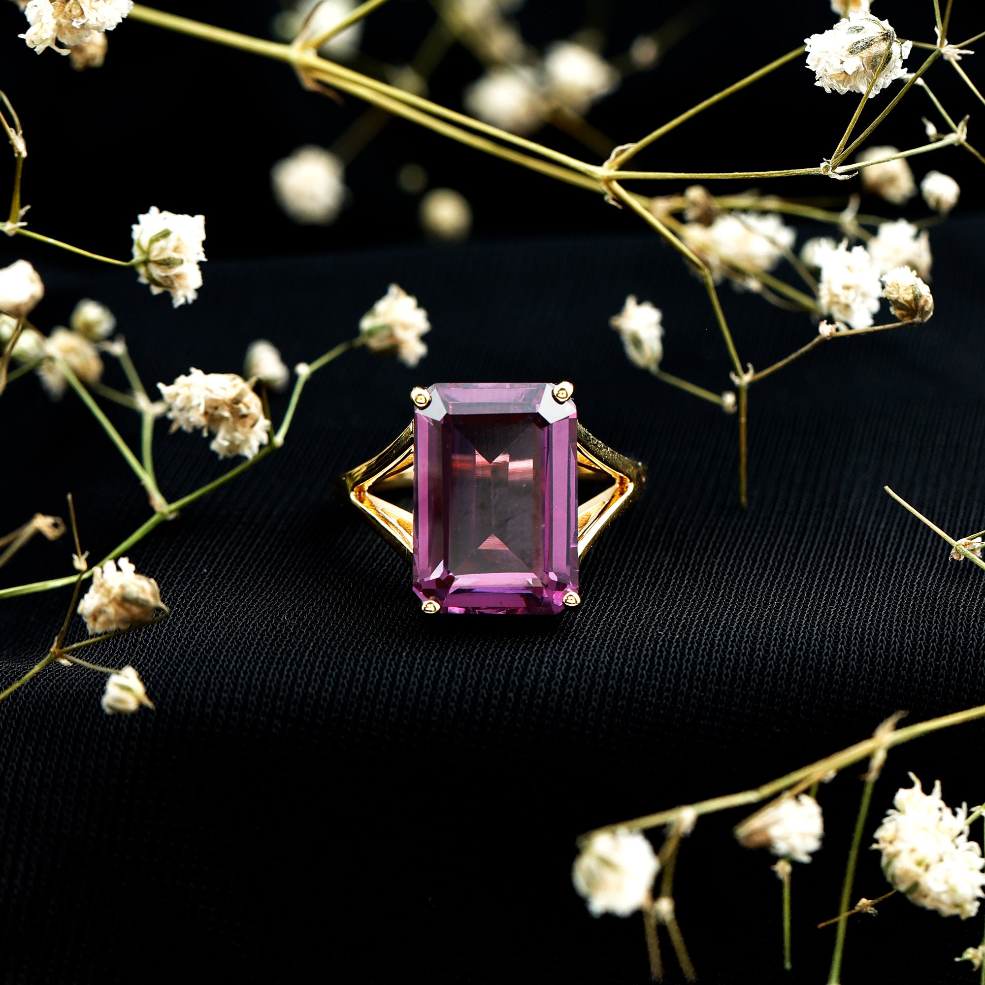 8 Carat Lab Grown Alexandrite Emerald Cut Engagement Ring AAAA 14K Yellow Gold Plated Silver - Rosec Jewels