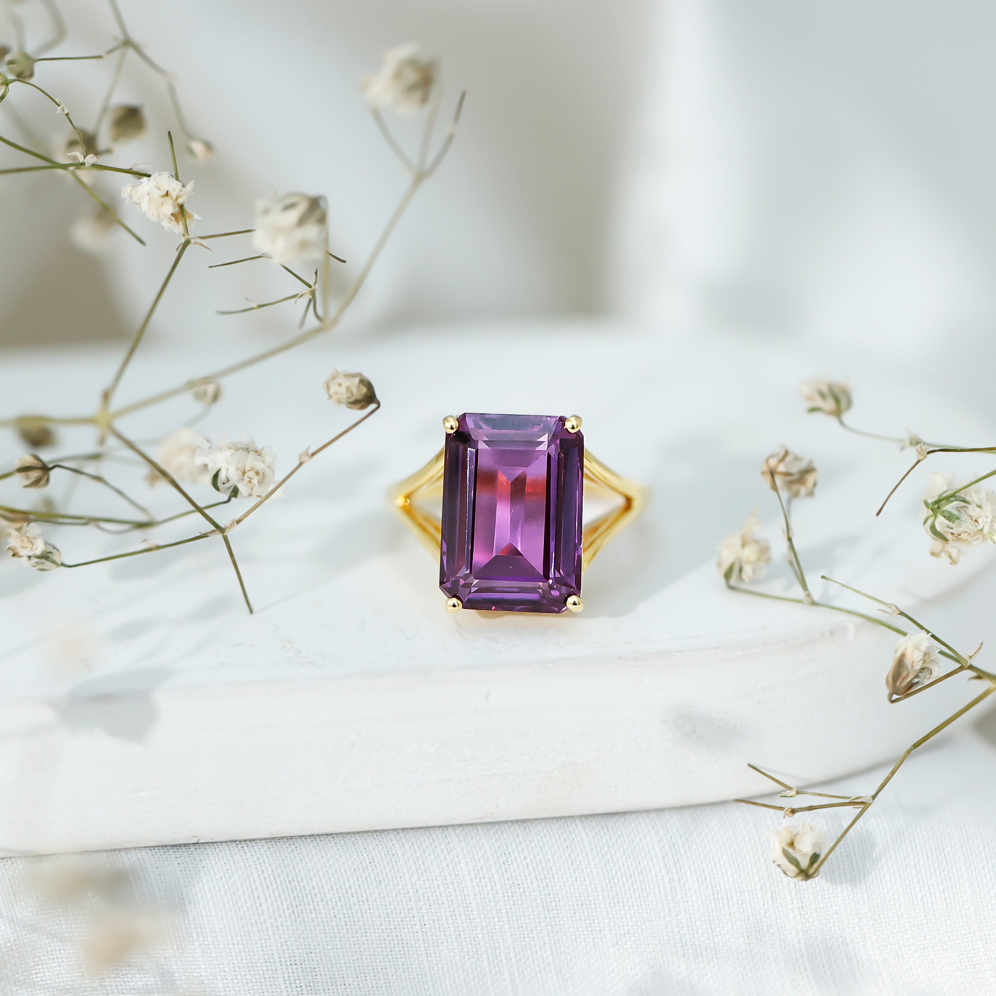 8 Carat Lab Grown Alexandrite Emerald Cut Engagement Ring AAAA 14K Yellow Gold Plated Silver - Rosec Jewels